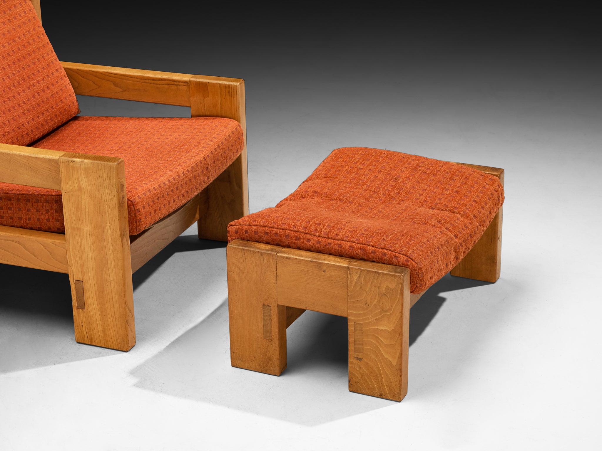 Pair of Mid-Century Modern French Lounge Chairs and Ottoman in Solid Elm Seating Morentz