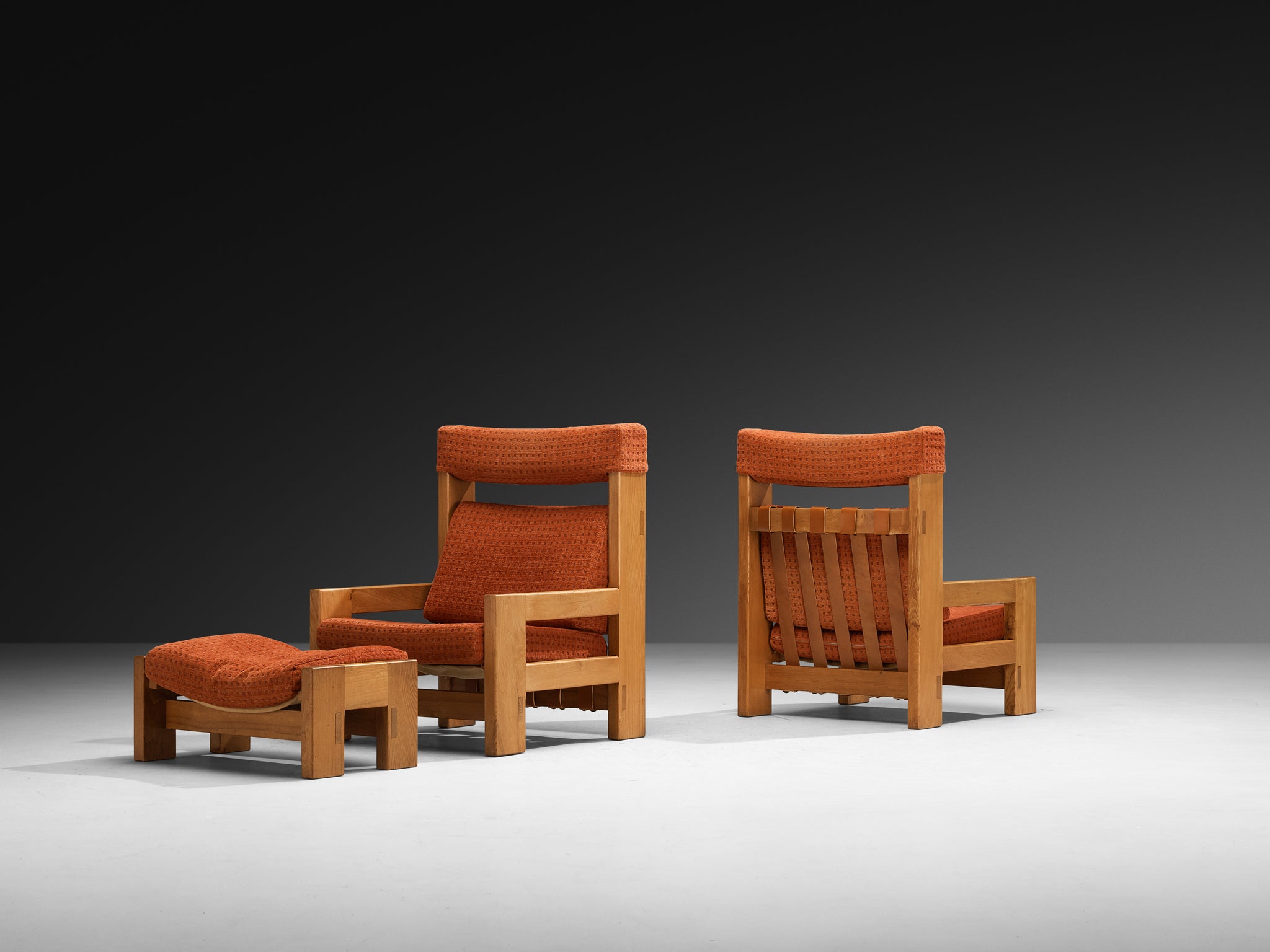 Pair of Mid-Century Modern French Lounge Chairs and Ottoman in Solid Elm Seating Morentz