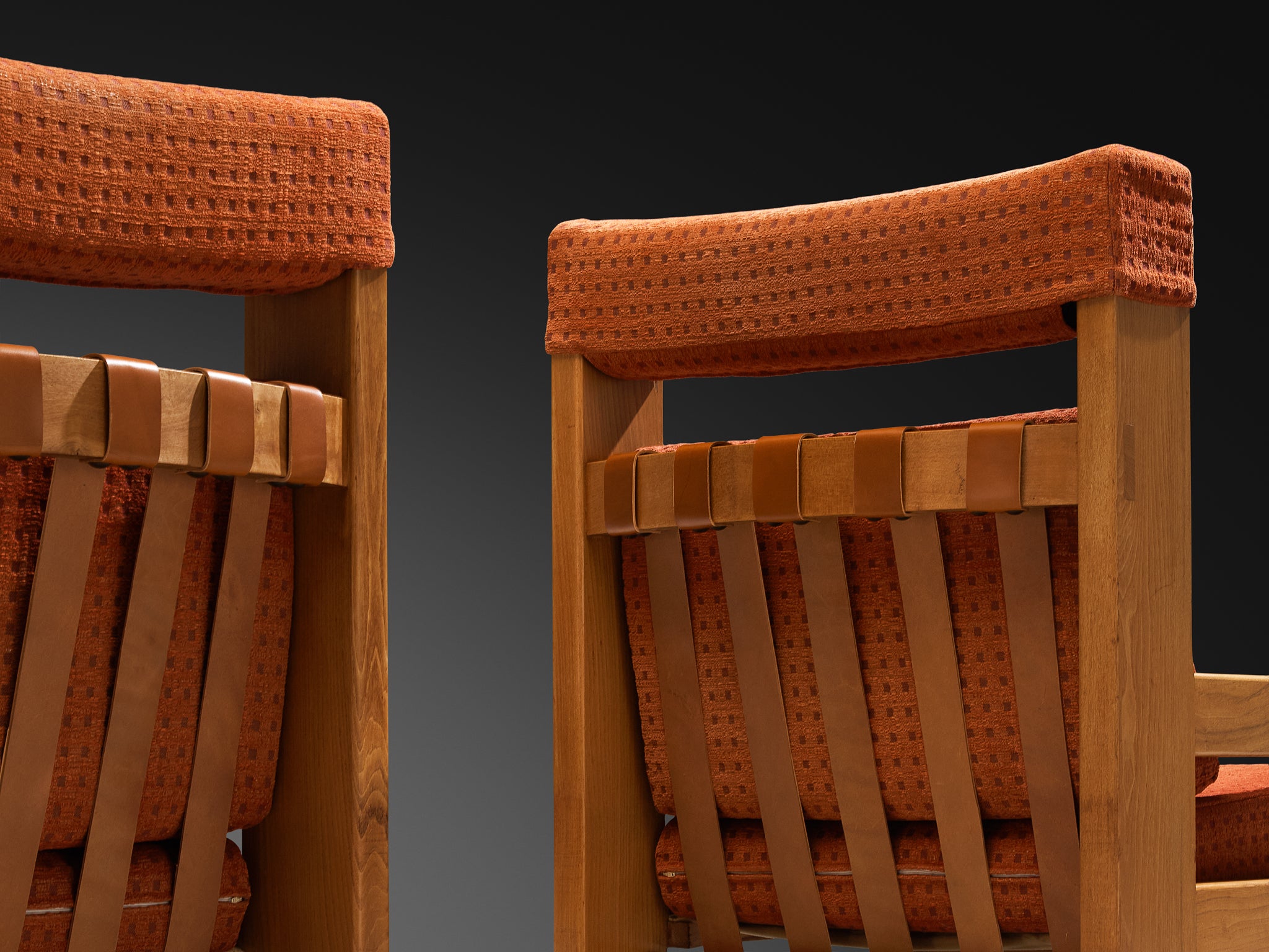 Pair of Mid-Century Modern French Lounge Chairs and Ottoman in Solid Elm Seating Morentz
