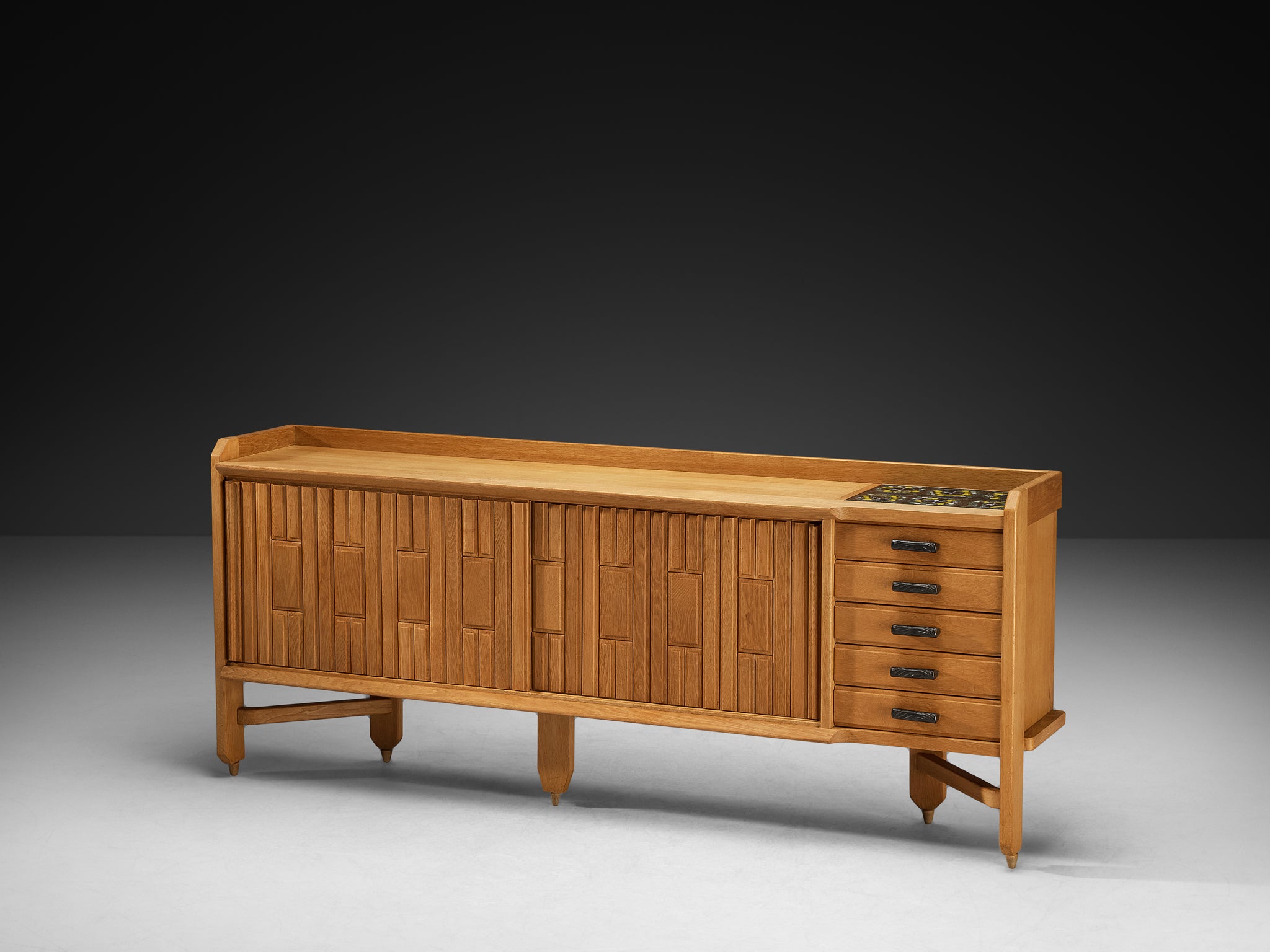 Guillerme & Chambron Carved Sideboard in Solid Oak and Ceramic