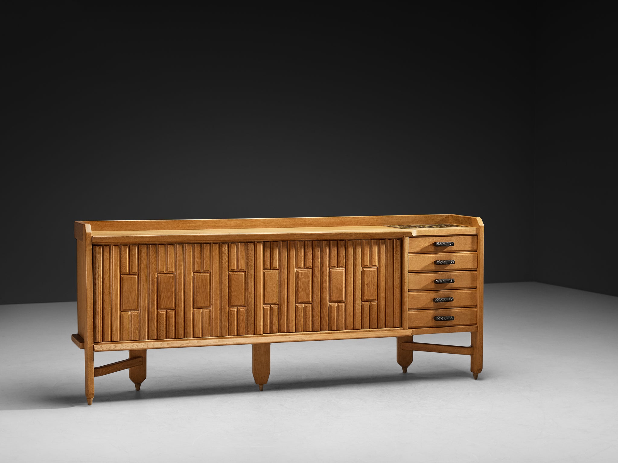 Guillerme & Chambron Carved Sideboard in Solid Oak and Ceramic