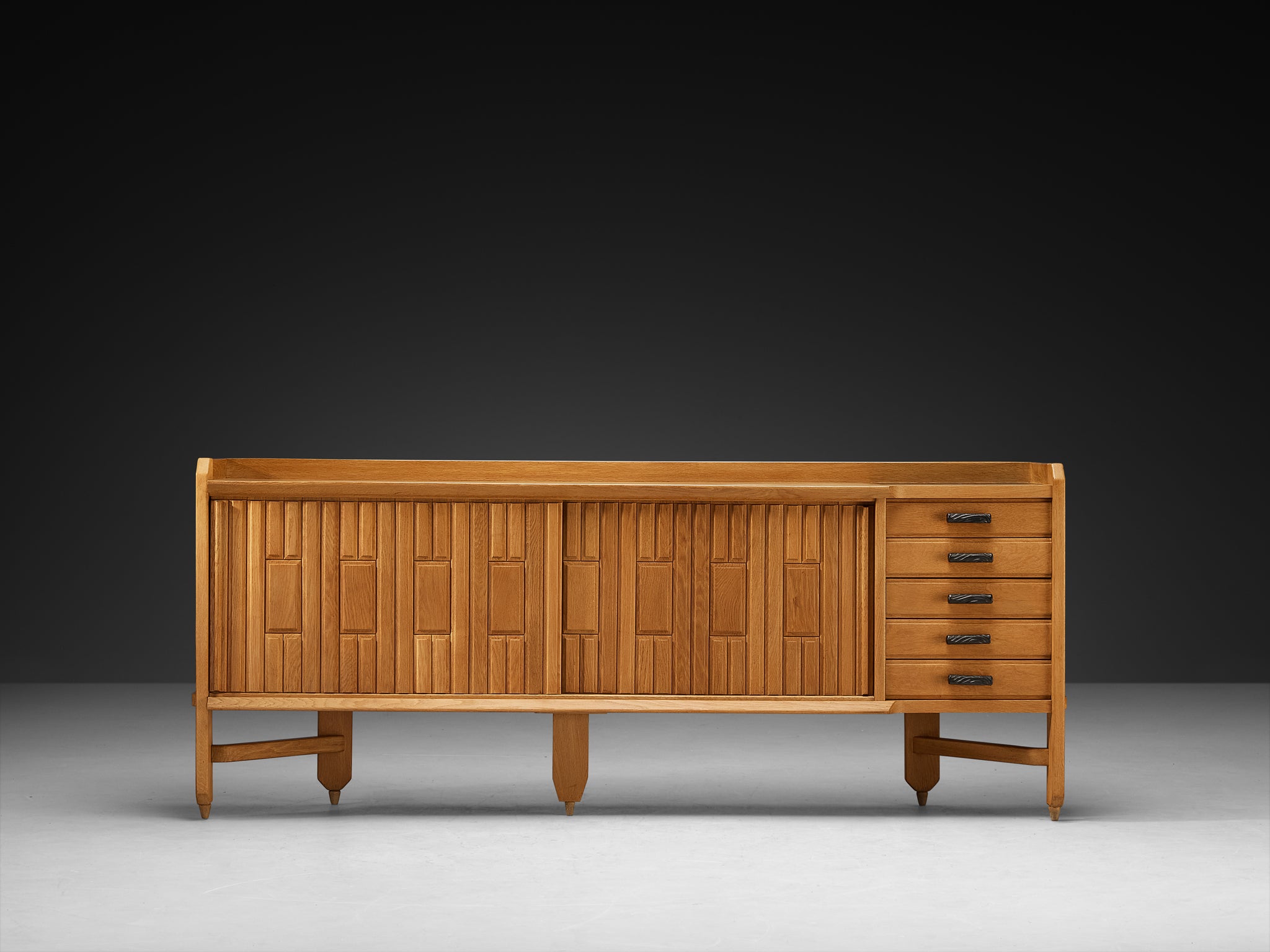 Guillerme & Chambron Carved Sideboard in Solid Oak and Ceramic