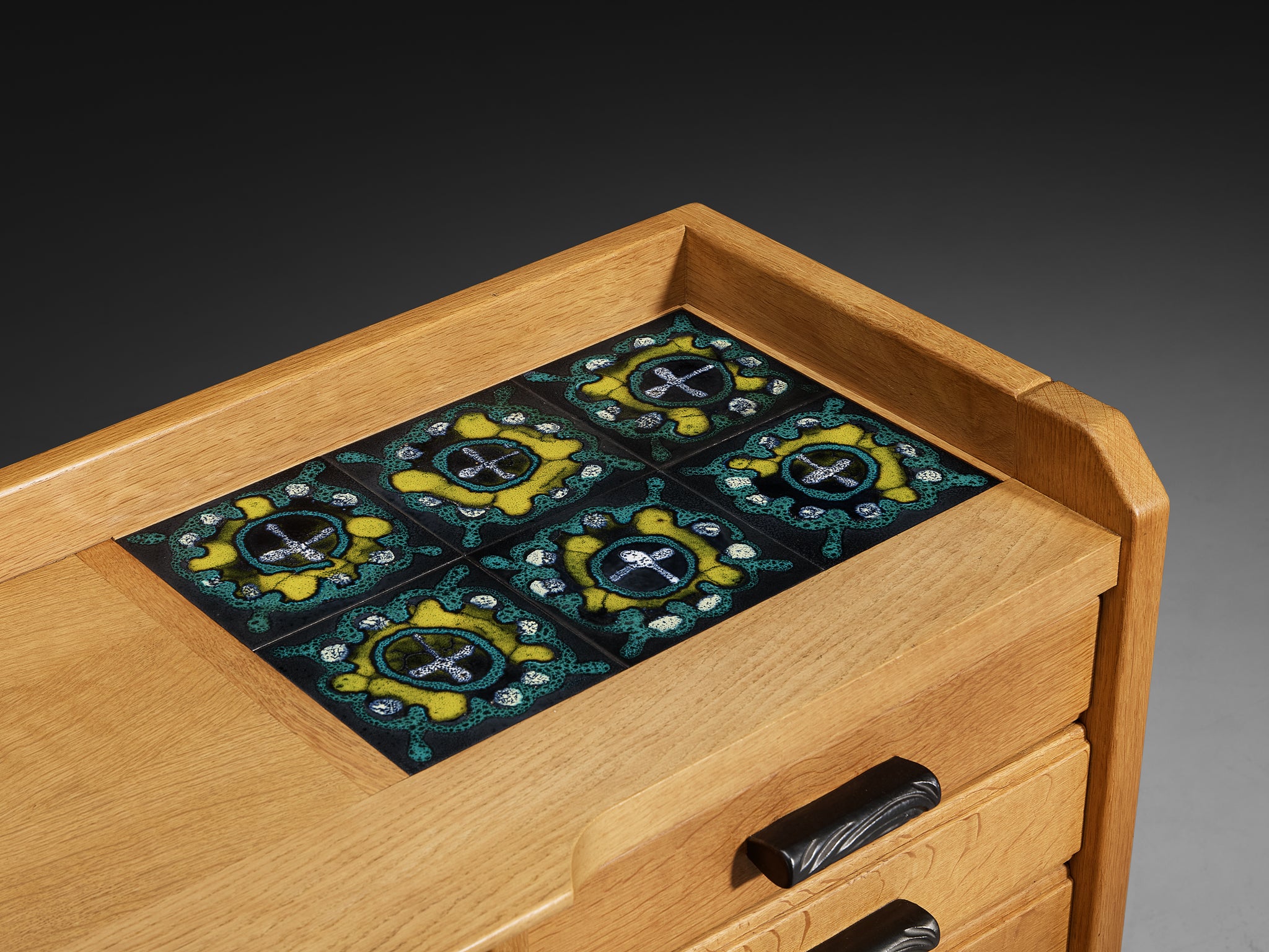 Guillerme & Chambron Carved Sideboard in Solid Oak and Ceramic