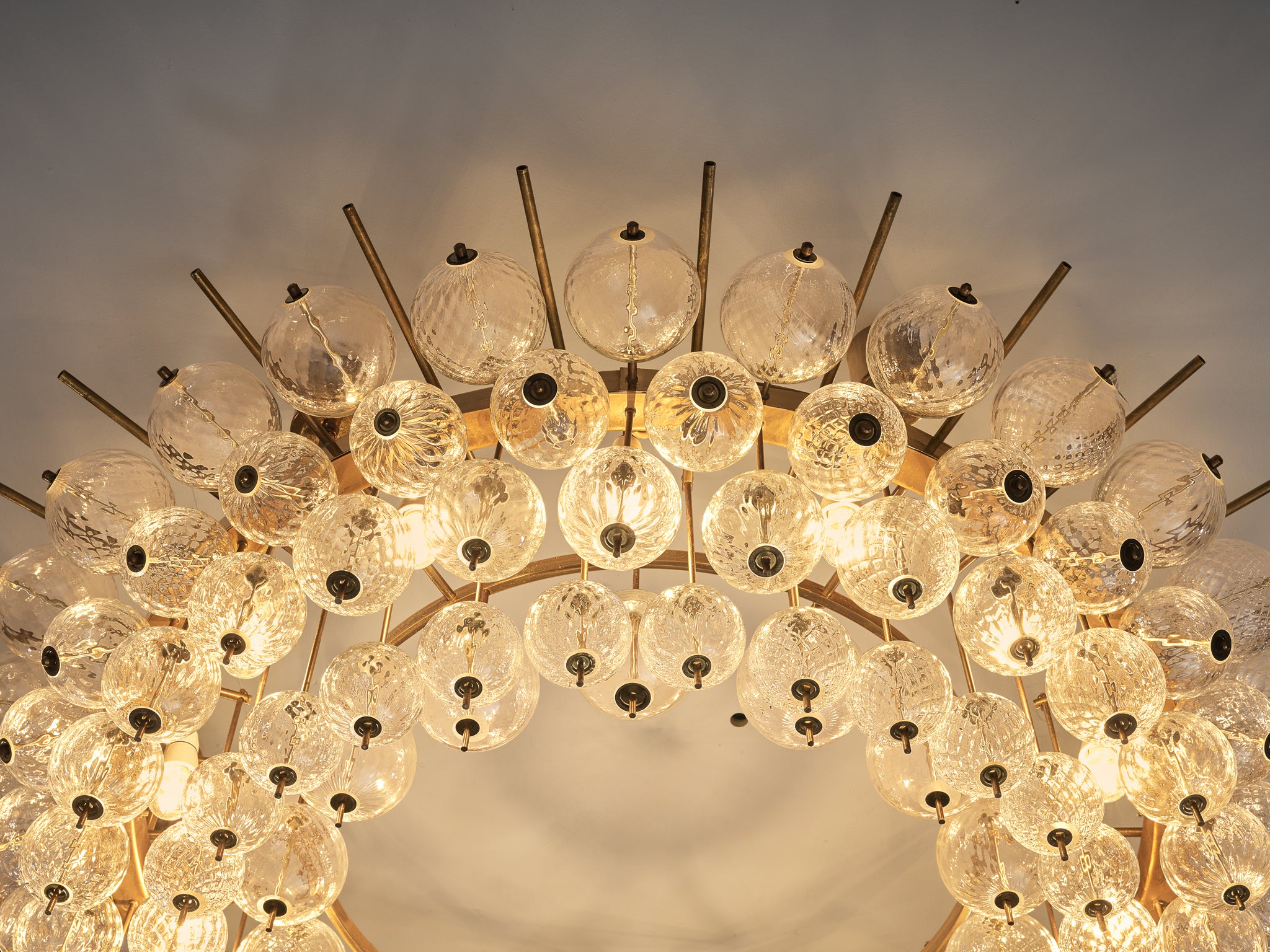 Grand Chandelier in Brass and Ribbed Glass Spheres 153cm/60in