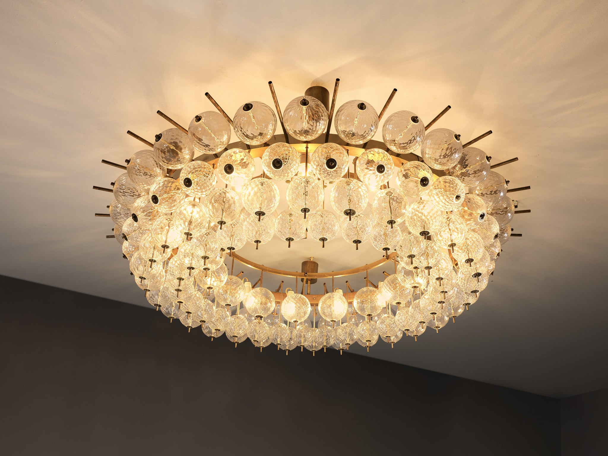 Grand Chandelier in Brass and Ribbed Glass Spheres 153cm/60in