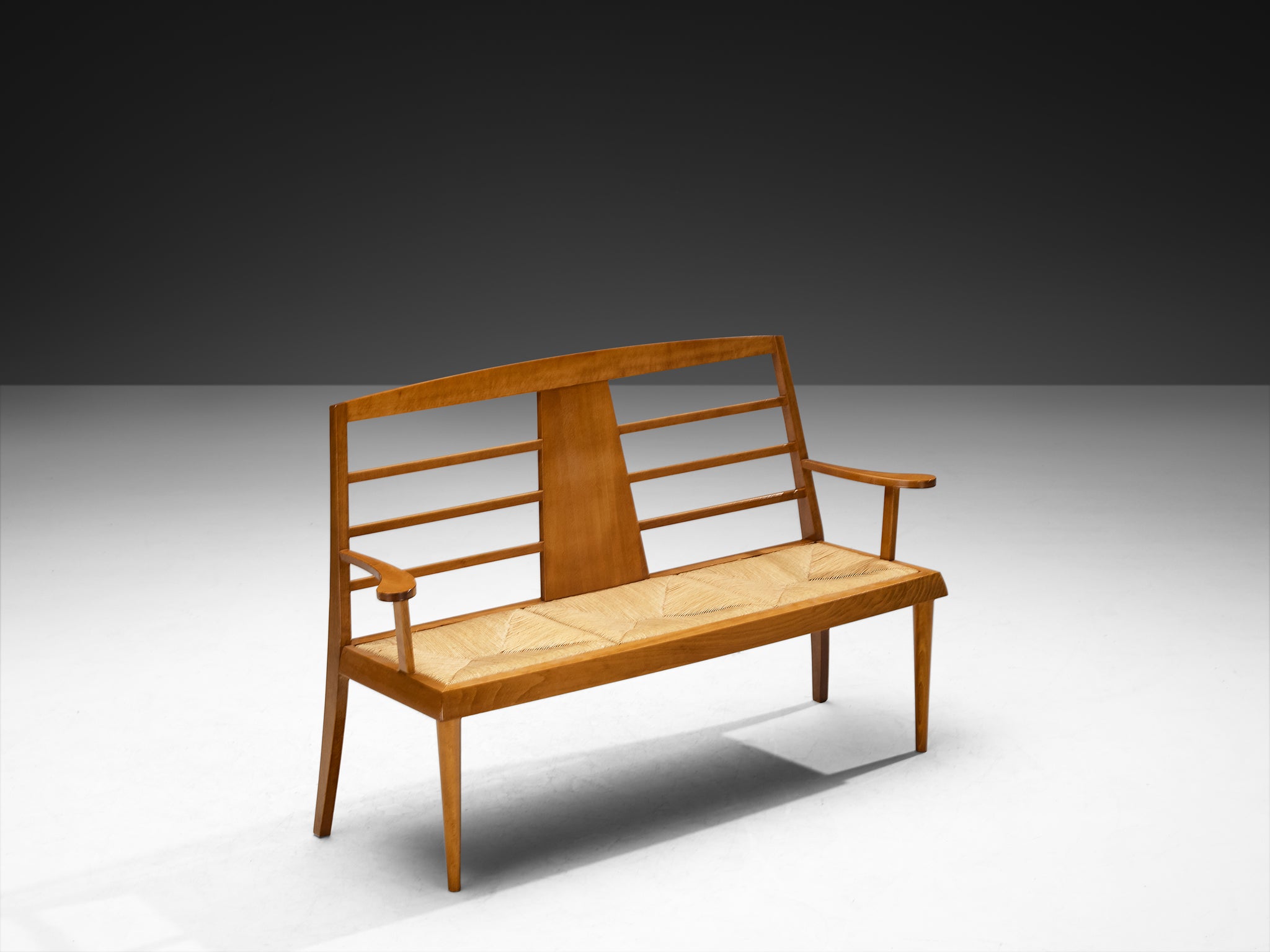 Mid-Century Modern French Bench in Warm Wood and Rush Seating Morentz