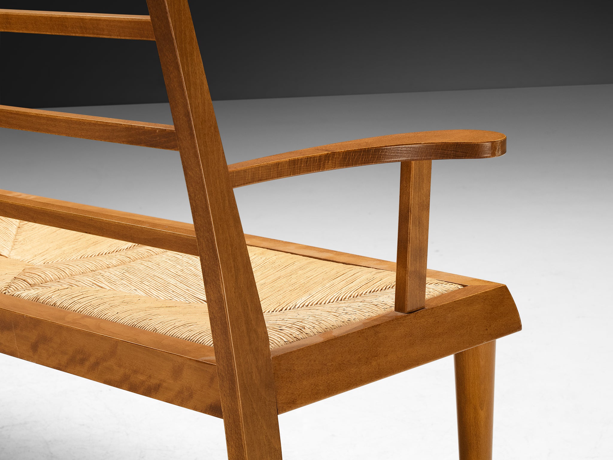 Mid-Century Modern French Bench in Warm Wood and Rush Seating Morentz