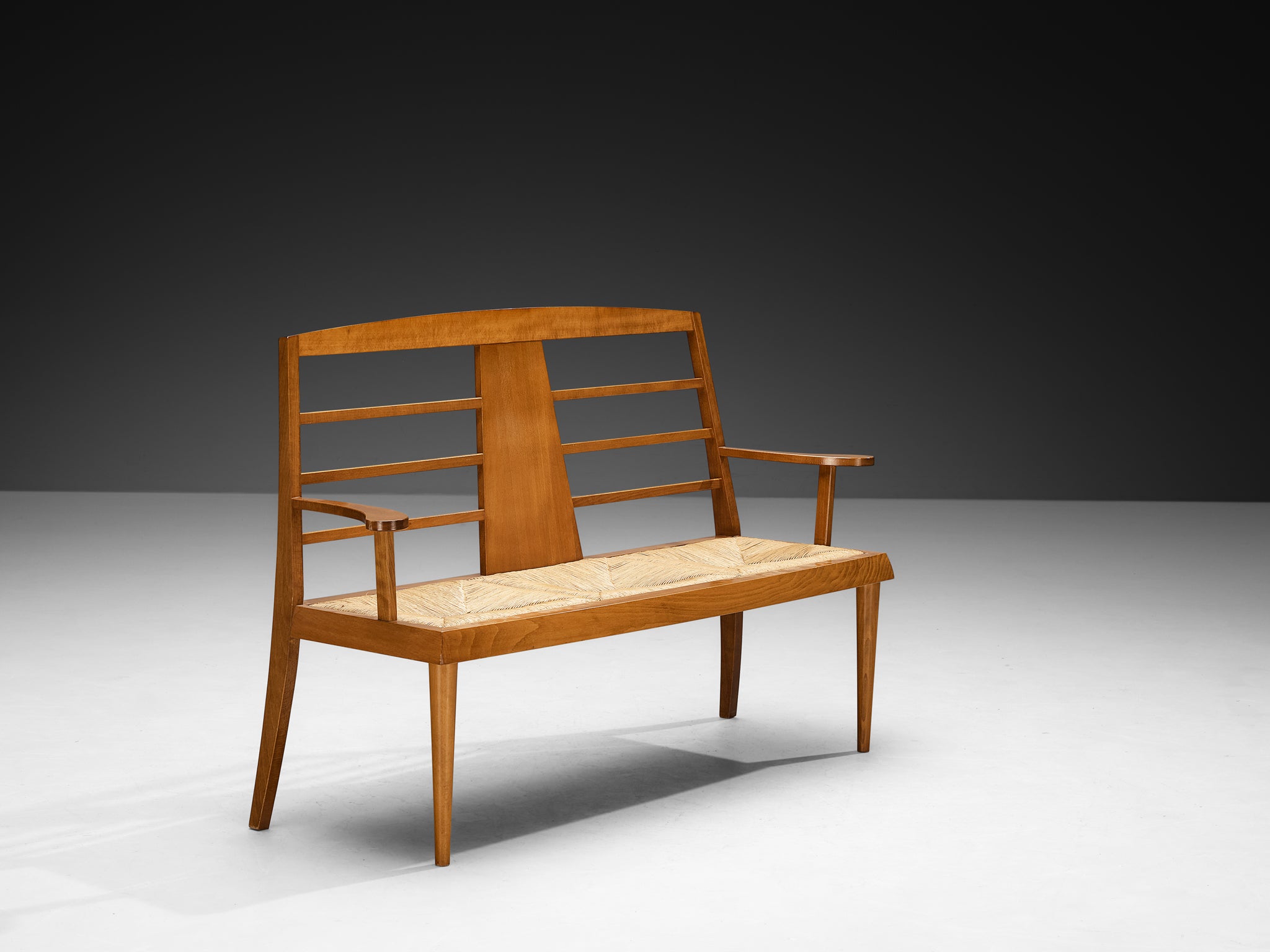 Mid-Century Modern French Bench in Warm Wood and Rush Seating Morentz