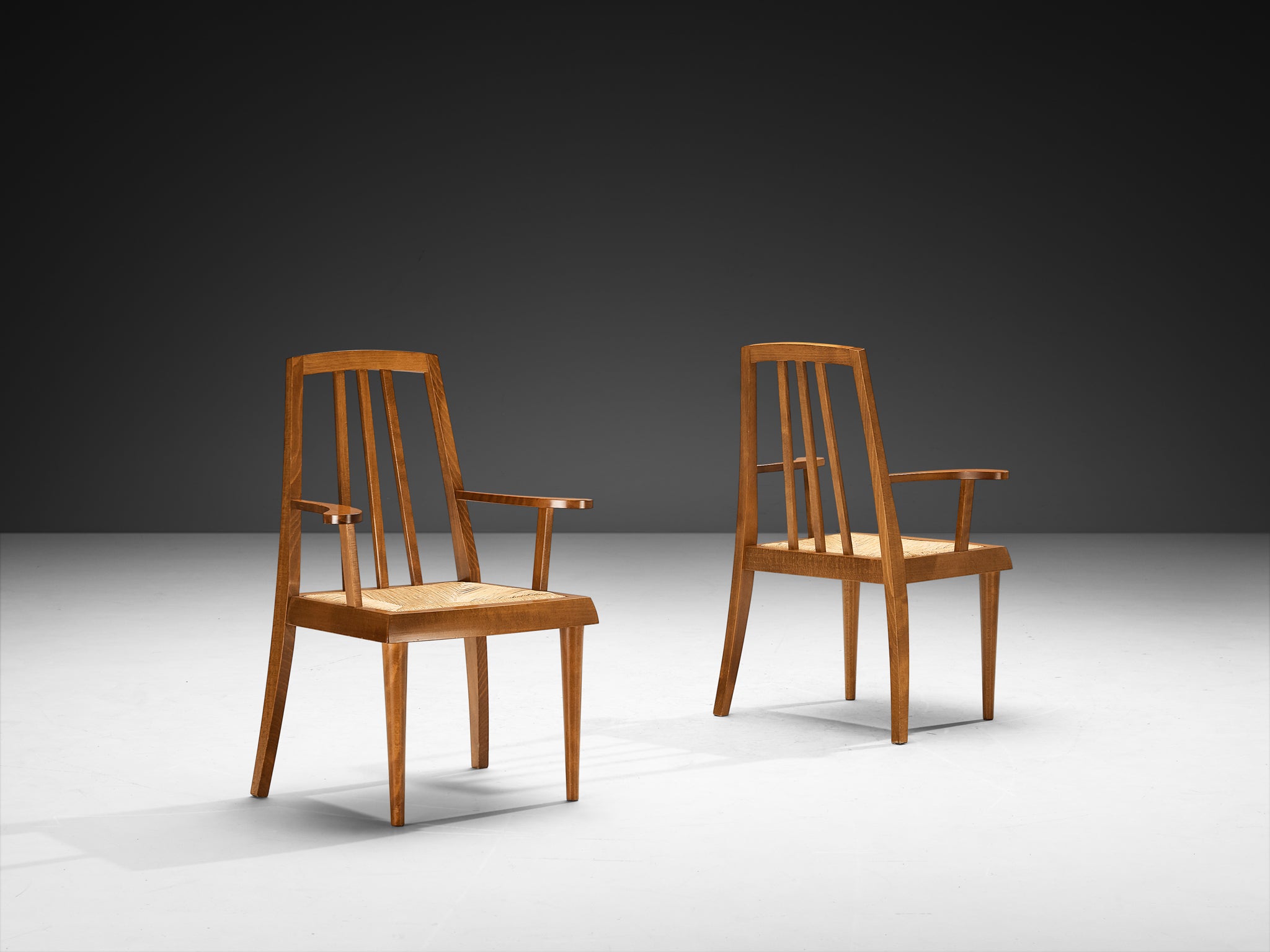 Pair of Mid-Century Modern French Armchairs in Warm Wood and Rush Seating Morentz