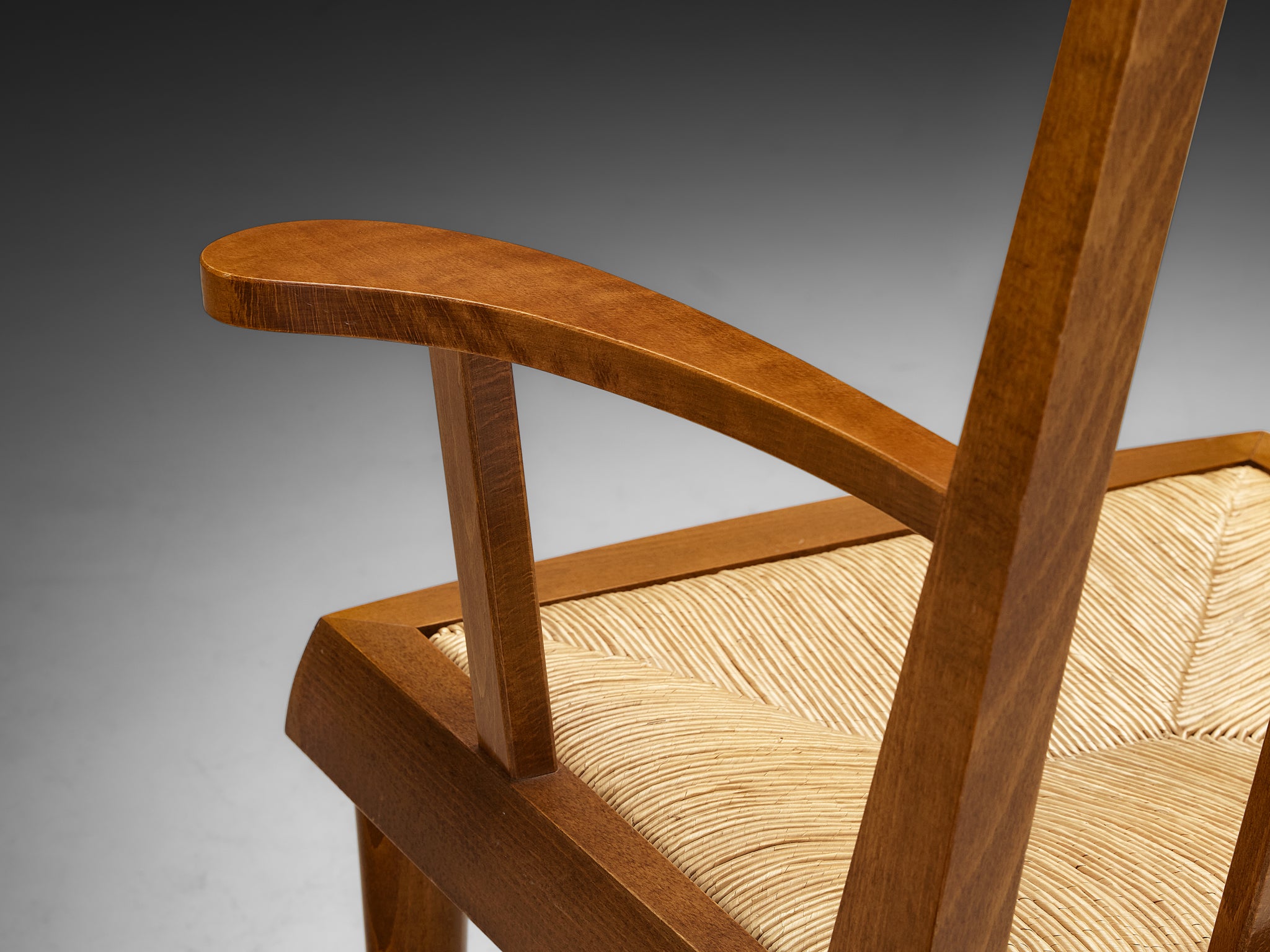 Pair of Mid-Century Modern French Armchairs in Warm Wood and Rush Seating Morentz