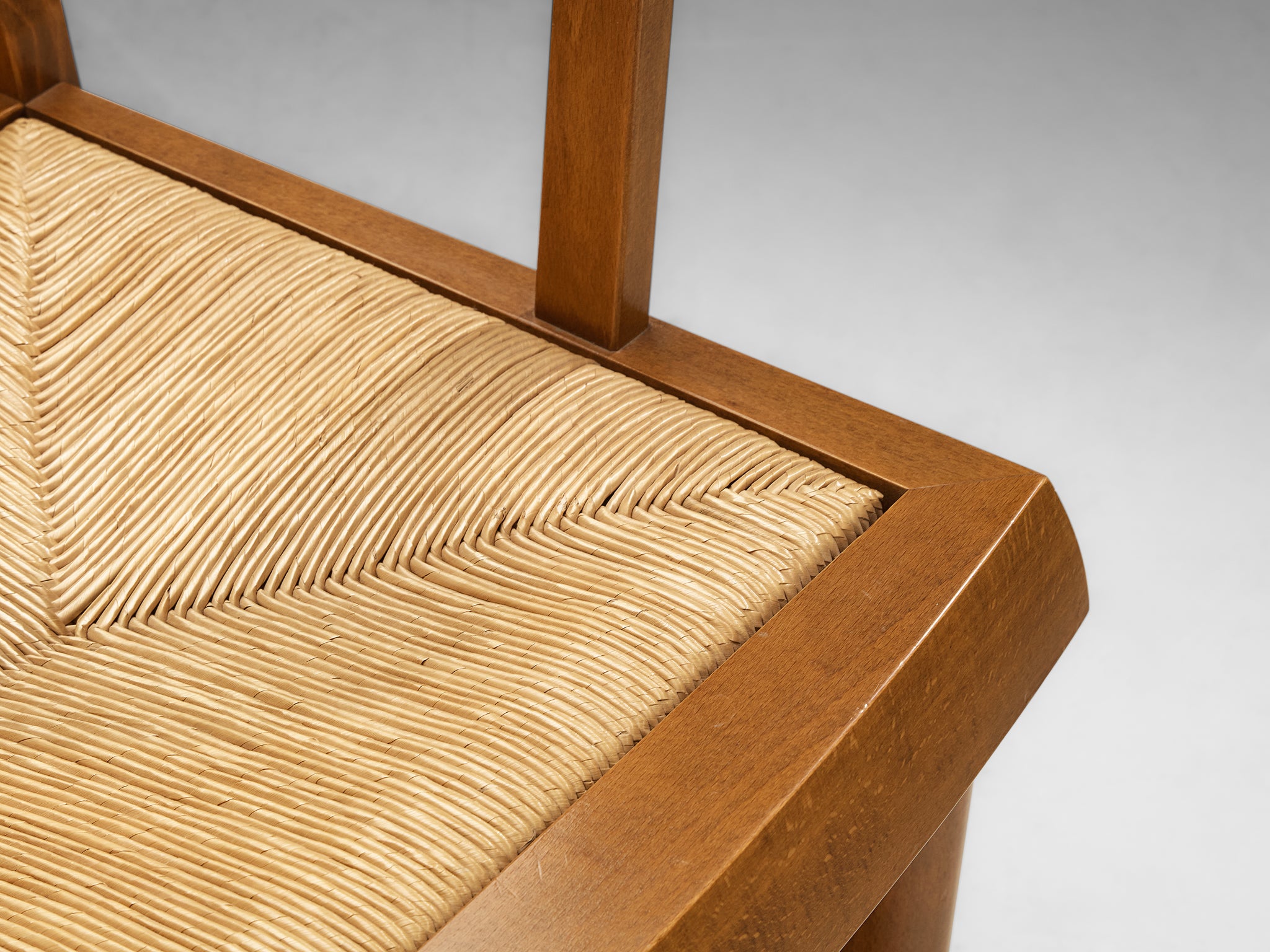 Pair of Mid-Century Modern French Armchairs in Warm Wood and Rush Seating Morentz