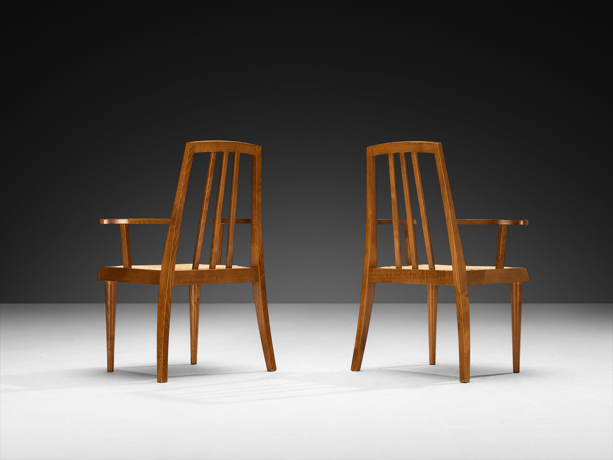 Pair of Mid-Century Modern French Armchairs in Warm Wood and Rush Seating Morentz