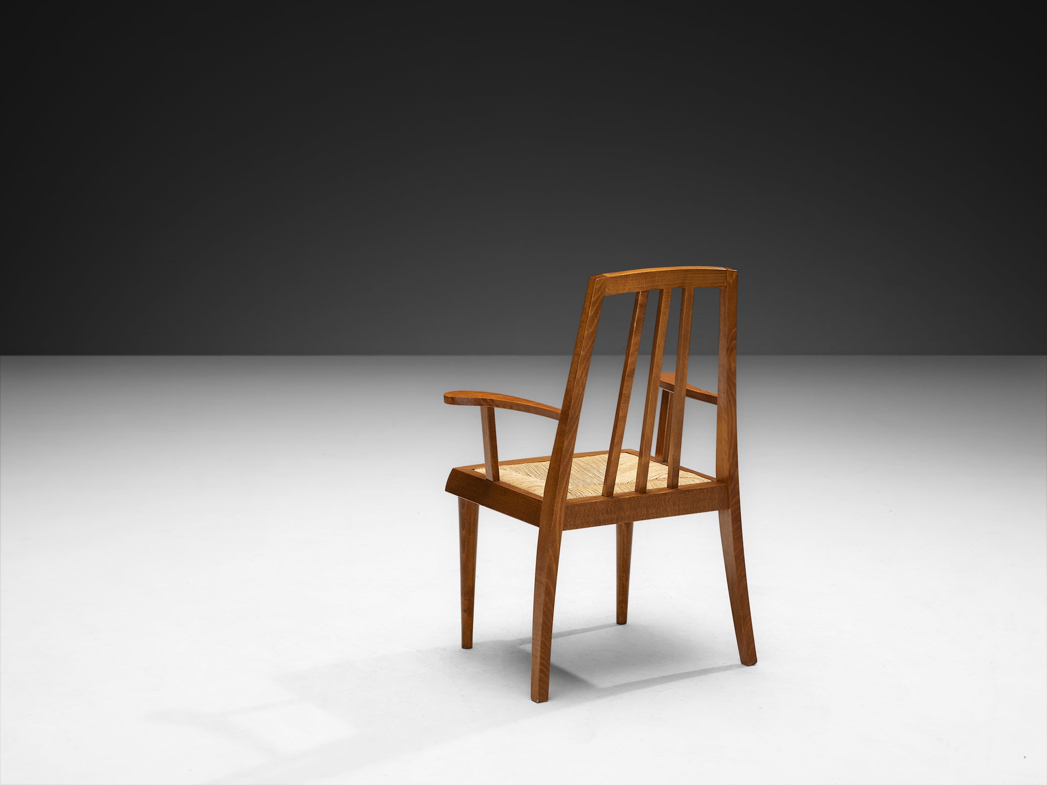 Pair of Mid-Century Modern French Armchairs in Warm Wood and Rush Seating Morentz