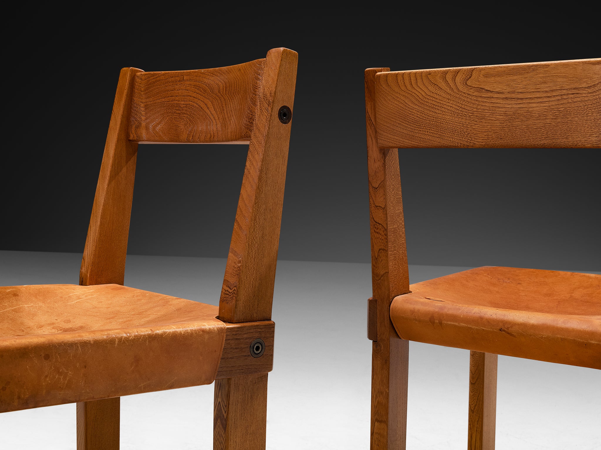 Early Pierre Chapo 'S24' Set of Six Dining Chairs in Cognac Leather and Elm Seating Morentz