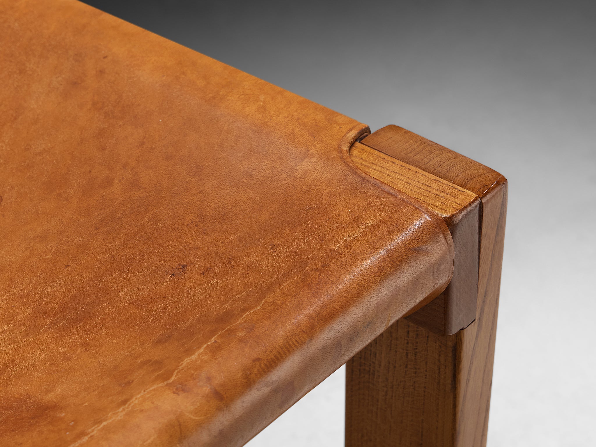 Early Pierre Chapo 'S24' Set of Six Dining Chairs in Cognac Leather and Elm Seating Morentz