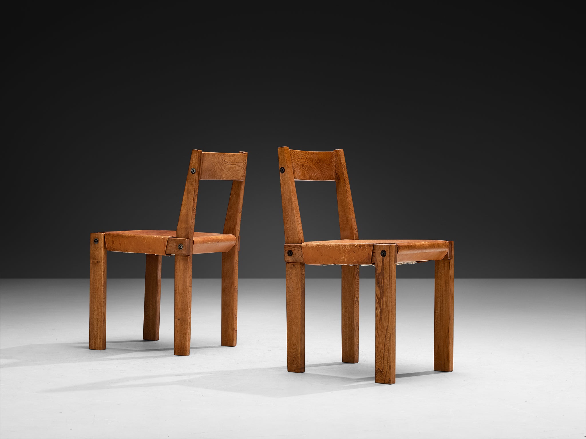 Early Pierre Chapo 'S24' Set of Six Dining Chairs in Cognac Leather and Elm Seating Morentz