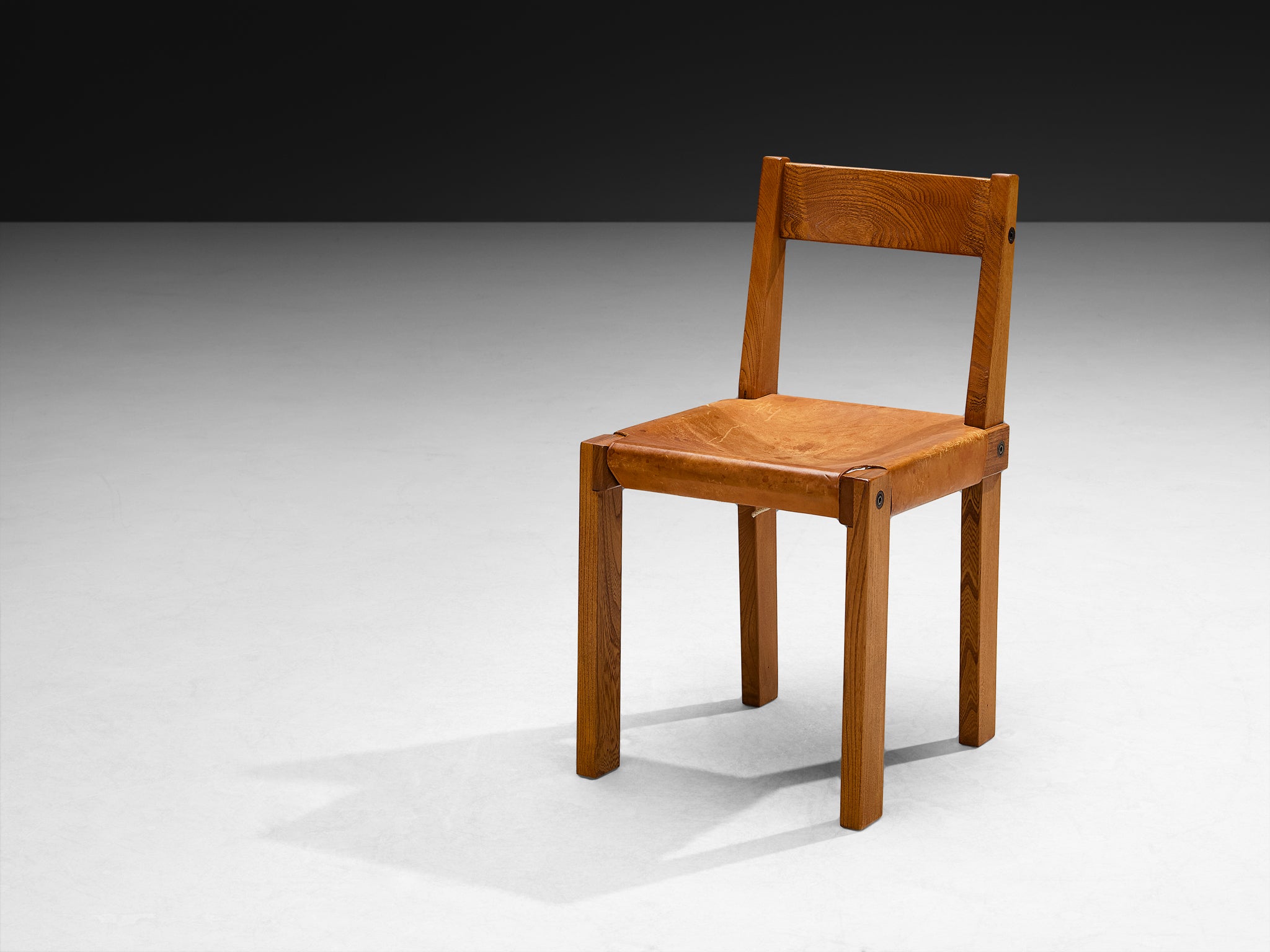 Early Pierre Chapo 'S24' Set of Six Dining Chairs in Cognac Leather and Elm