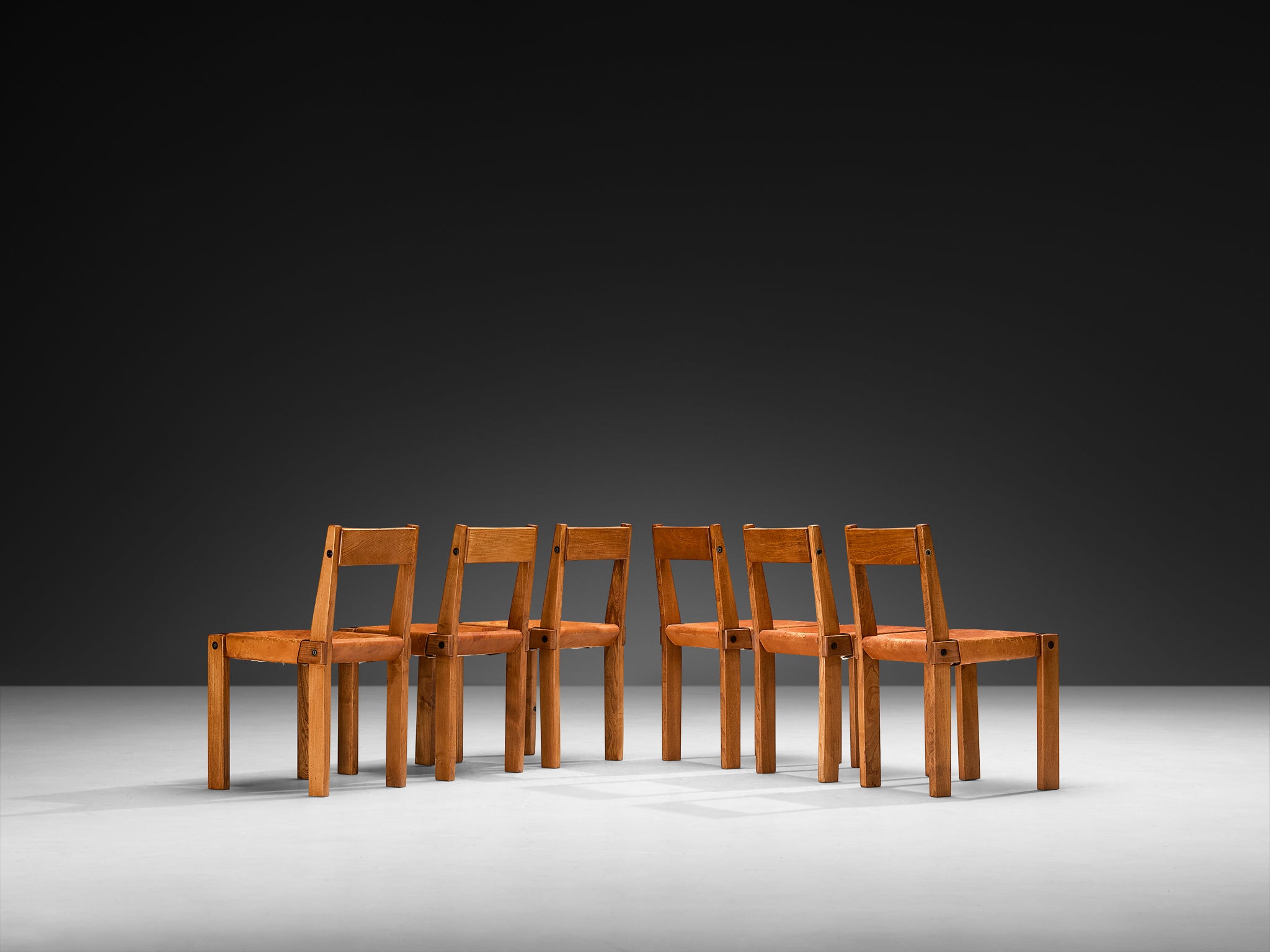 Early Pierre Chapo 'S24' Set of Six Dining Chairs in Cognac Leather and Elm Seating Morentz
