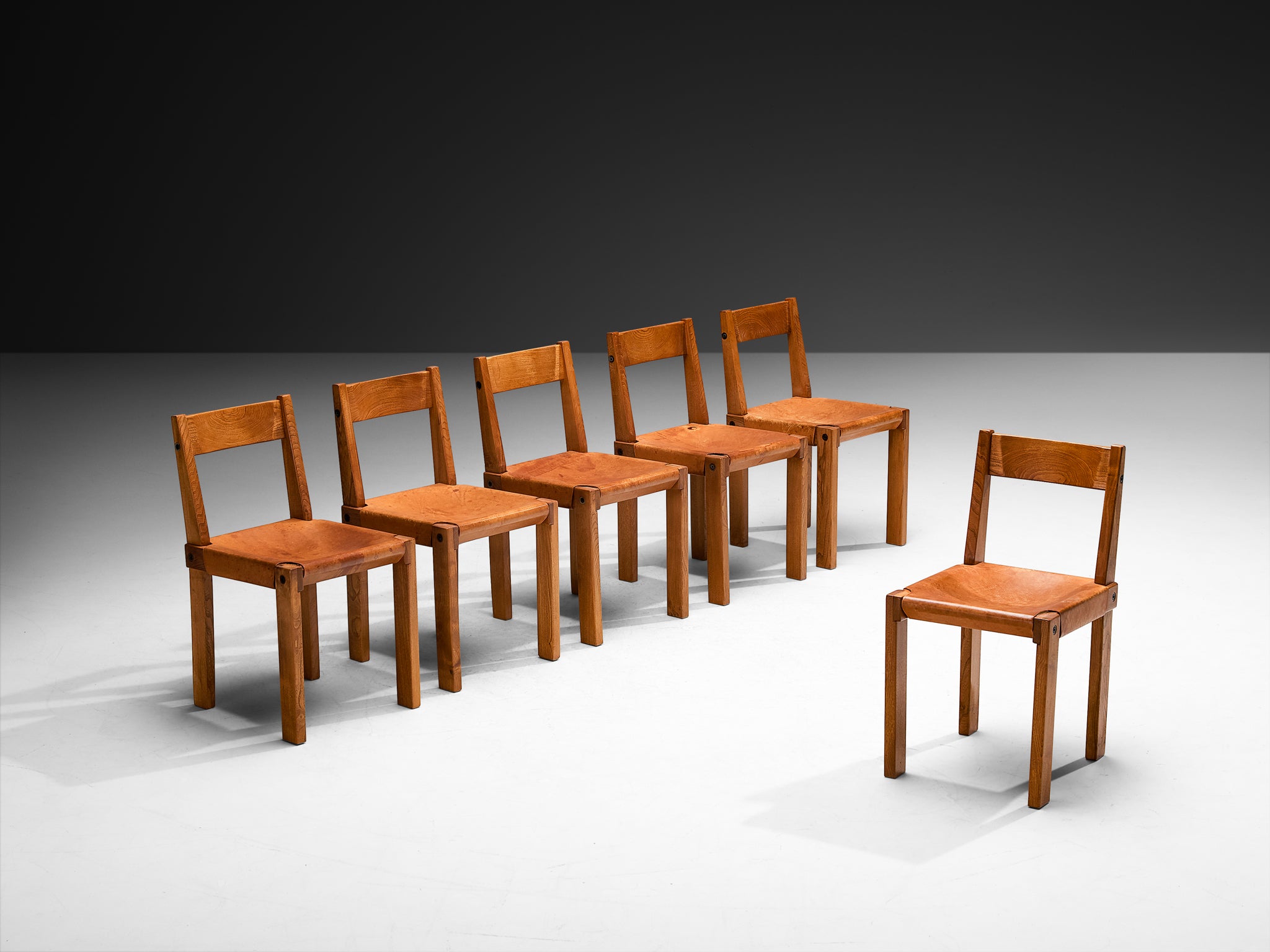 Early Pierre Chapo 'S24' Set of Six Dining Chairs in Cognac Leather and Elm Seating Morentz