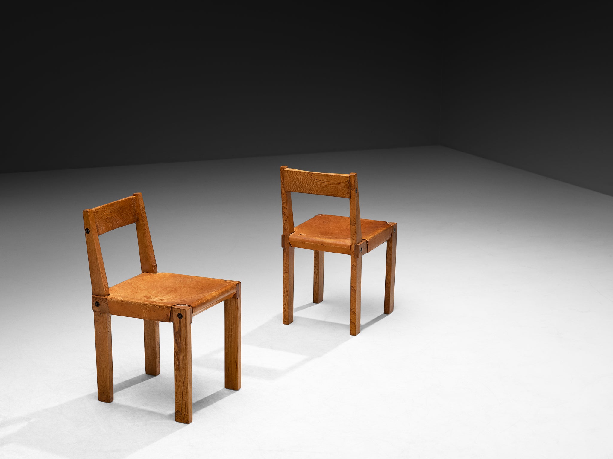 Early Pierre Chapo 'S24' Set of Six Dining Chairs in Cognac Leather and Elm Seating Morentz