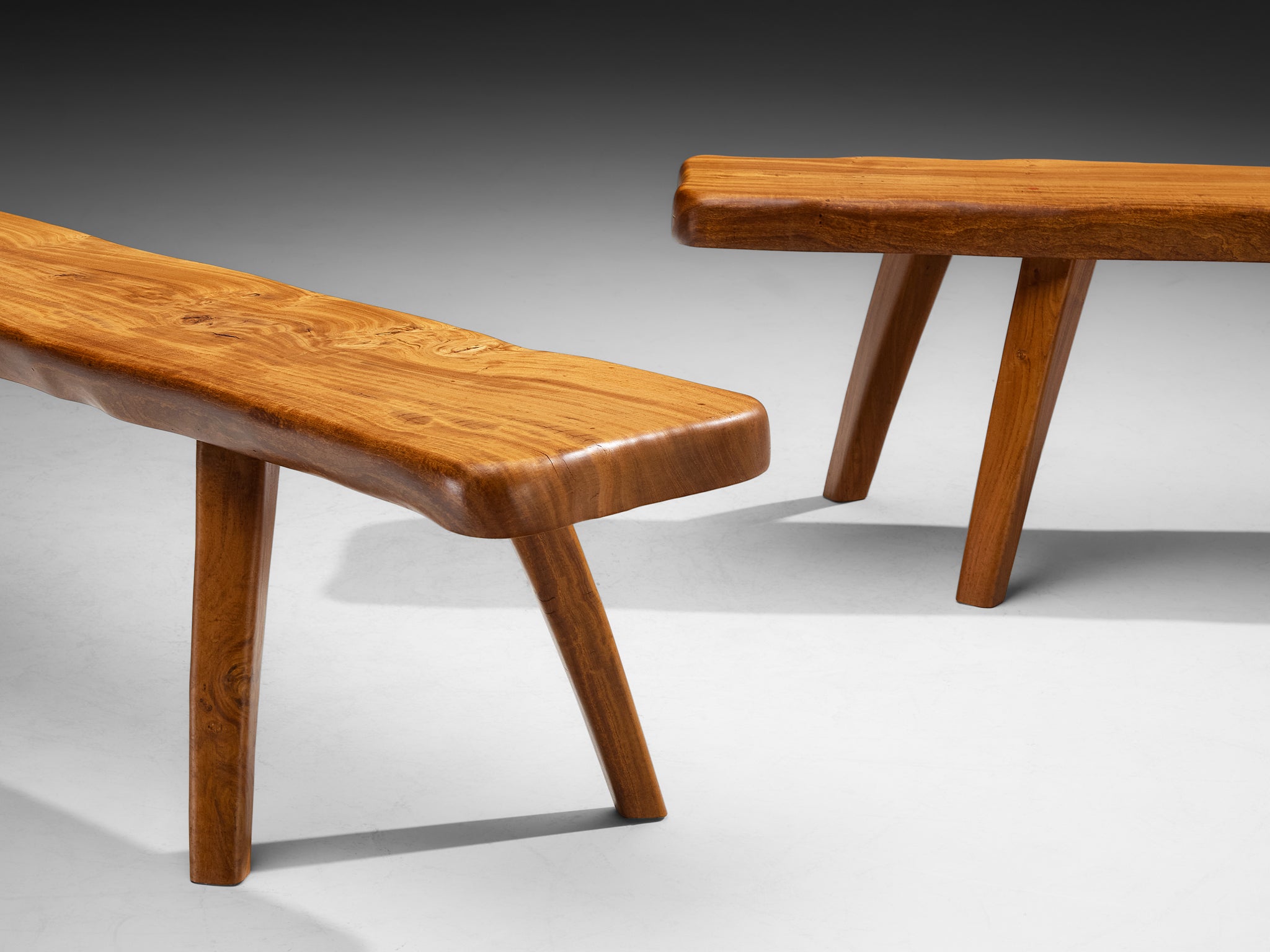 French Naturalistic Free Form Benches in Solid Elm Seating Morentz