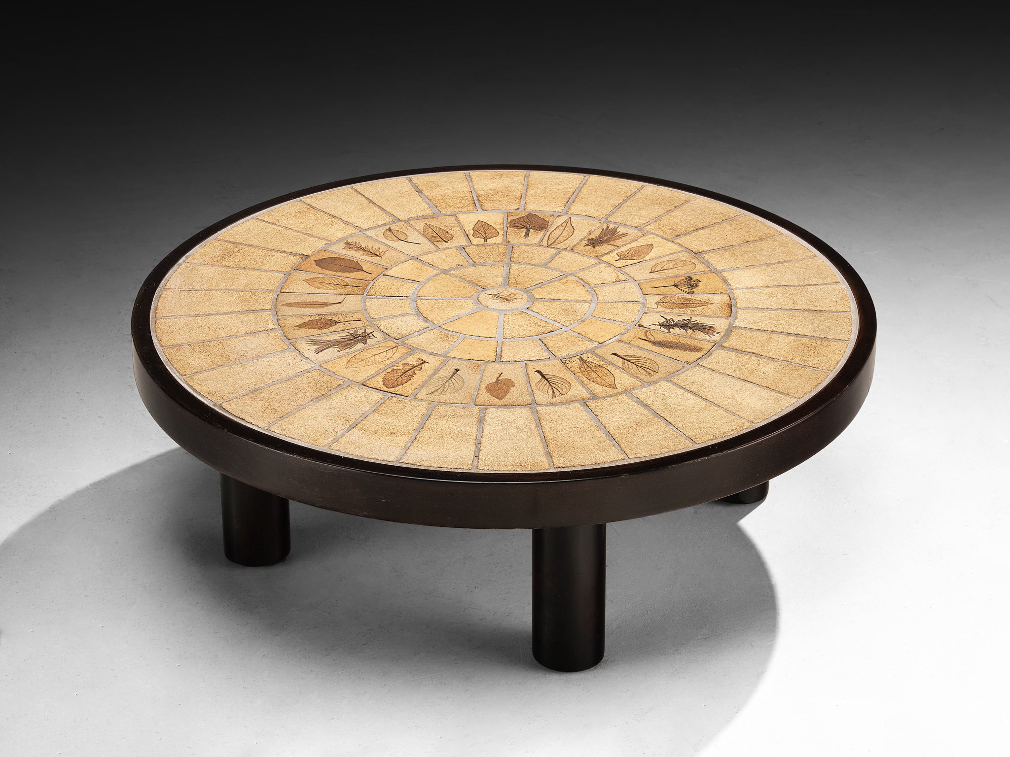 Roger Capron Round Coffee Table with Fauna Imprints in Ceramic and Wood Tables Morentz