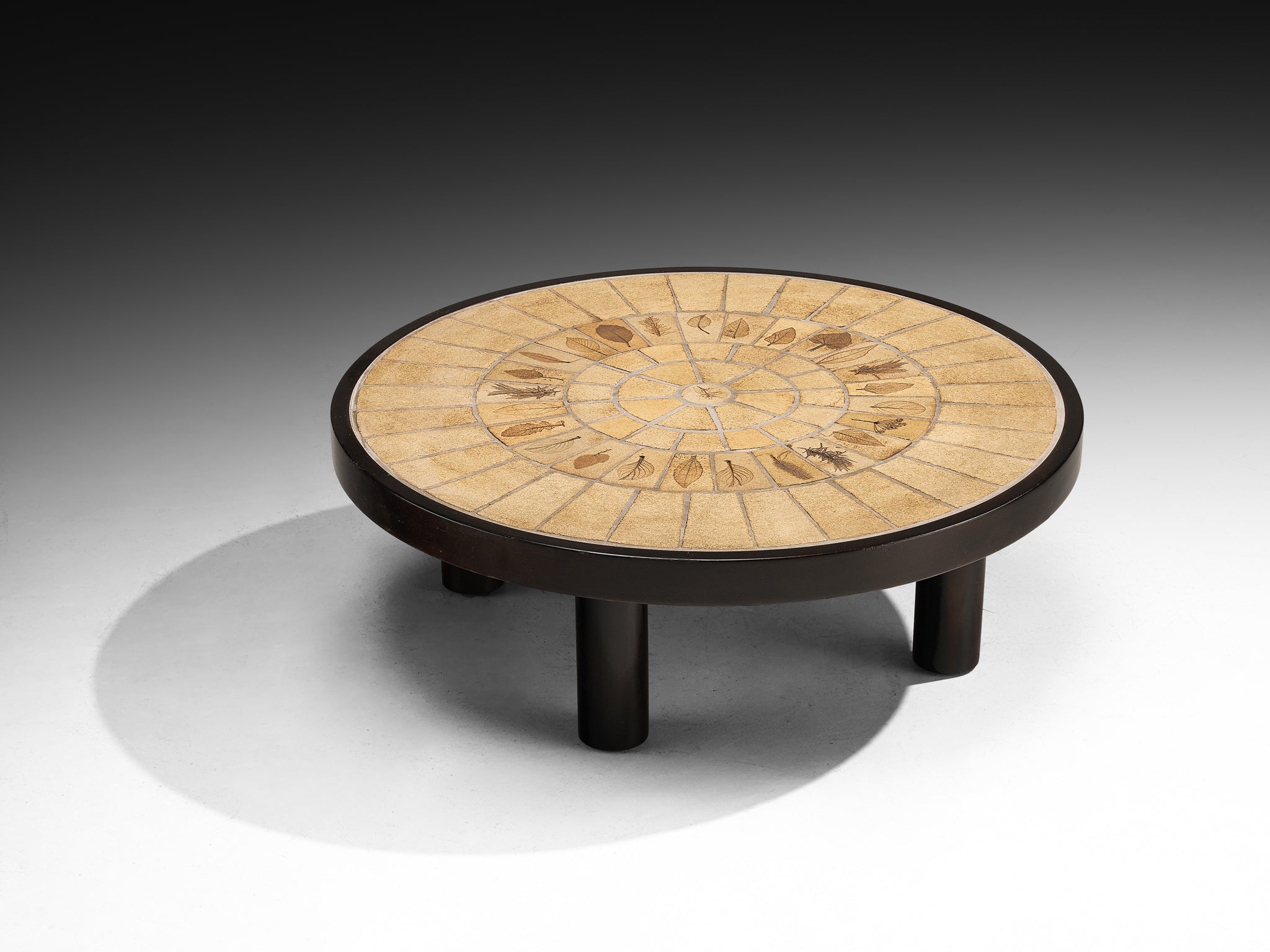 Roger Capron Round Coffee Table with Fauna Imprints in Ceramic and Wood Tables Morentz