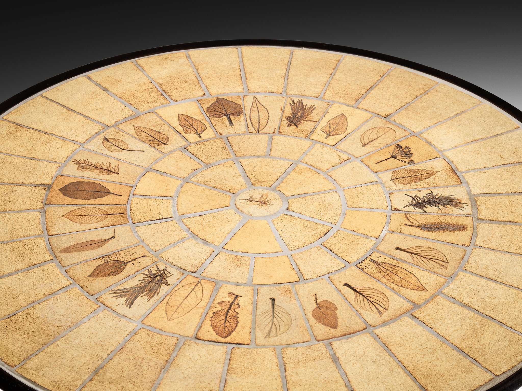 Roger Capron Round Coffee Table with Fauna Imprints in Ceramic and Wood Tables Morentz