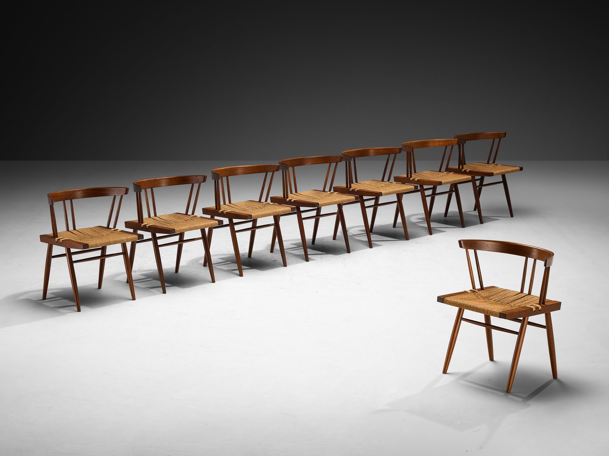 Exceptionally Rare Set of Eight George Nakashima 'Grass-seated Chairs' in American Black Walnut Seating Morentz
