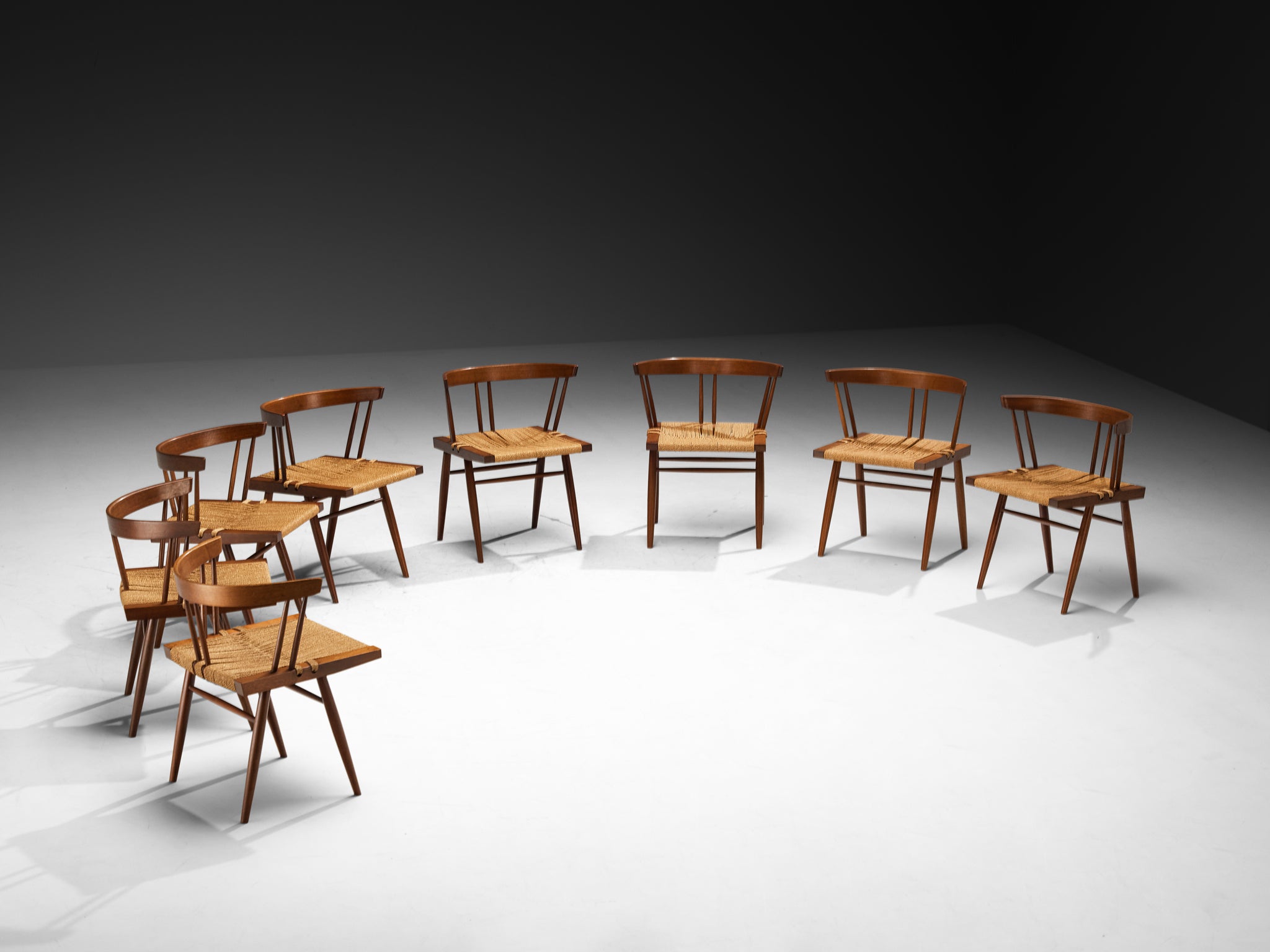Exceptionally Rare Set of Eight George Nakashima 'Grass-seated Chairs' in American Black Walnut Seating Morentz