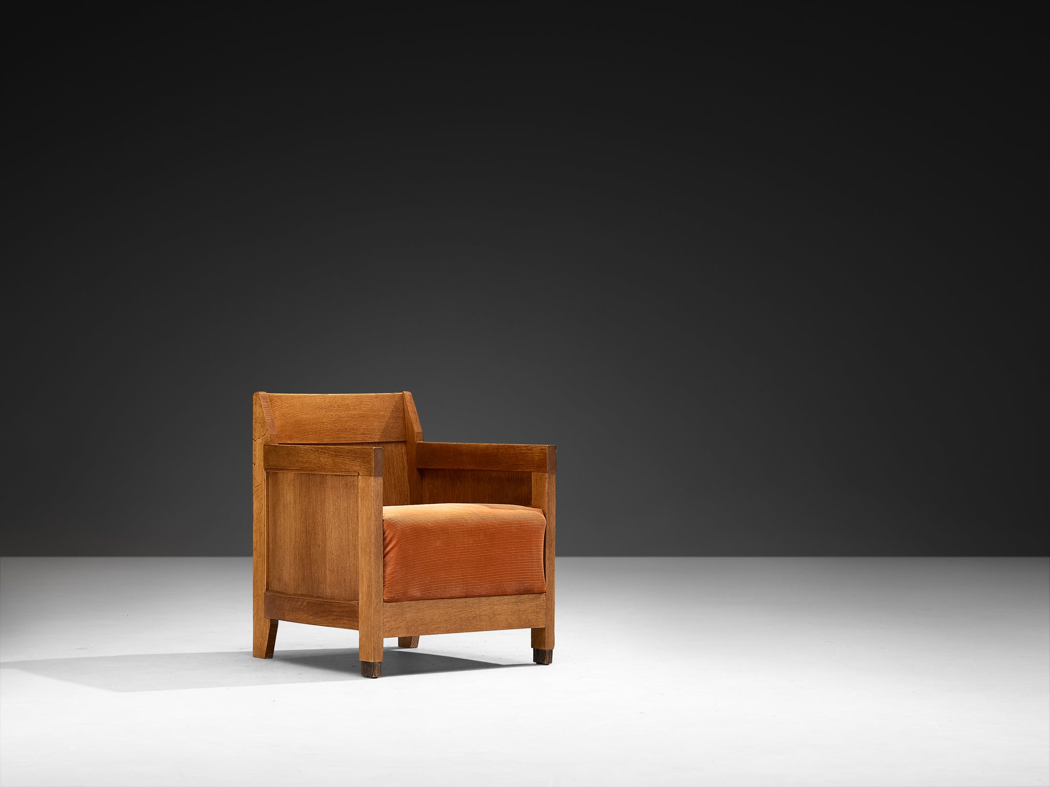 Hague School Dutch Art Deco Lounge Chair in Solid Oak and Orange Corduroy Seating Morentz