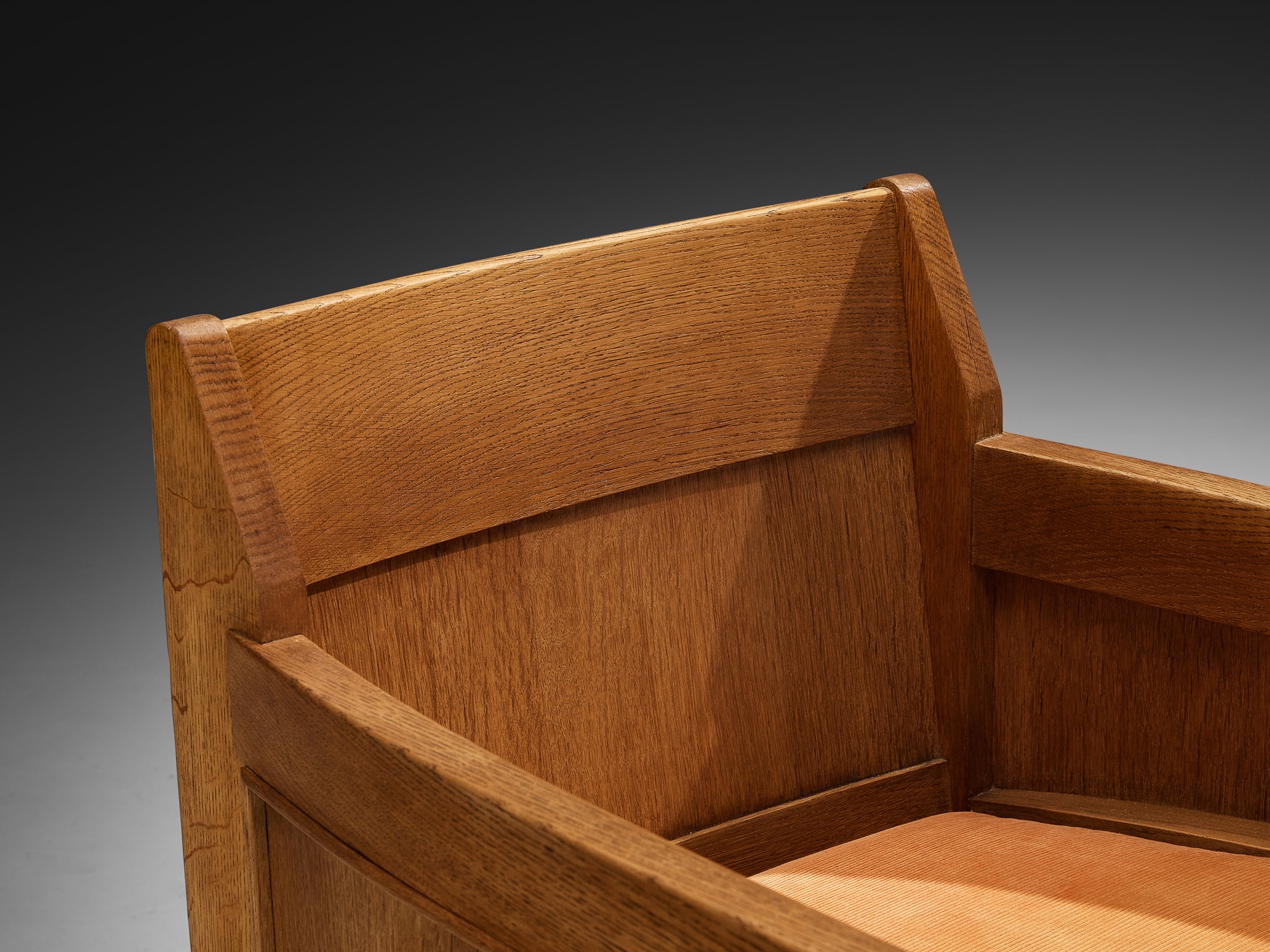 Hague School Dutch Art Deco Lounge Chair in Solid Oak and Orange Corduroy Seating Morentz