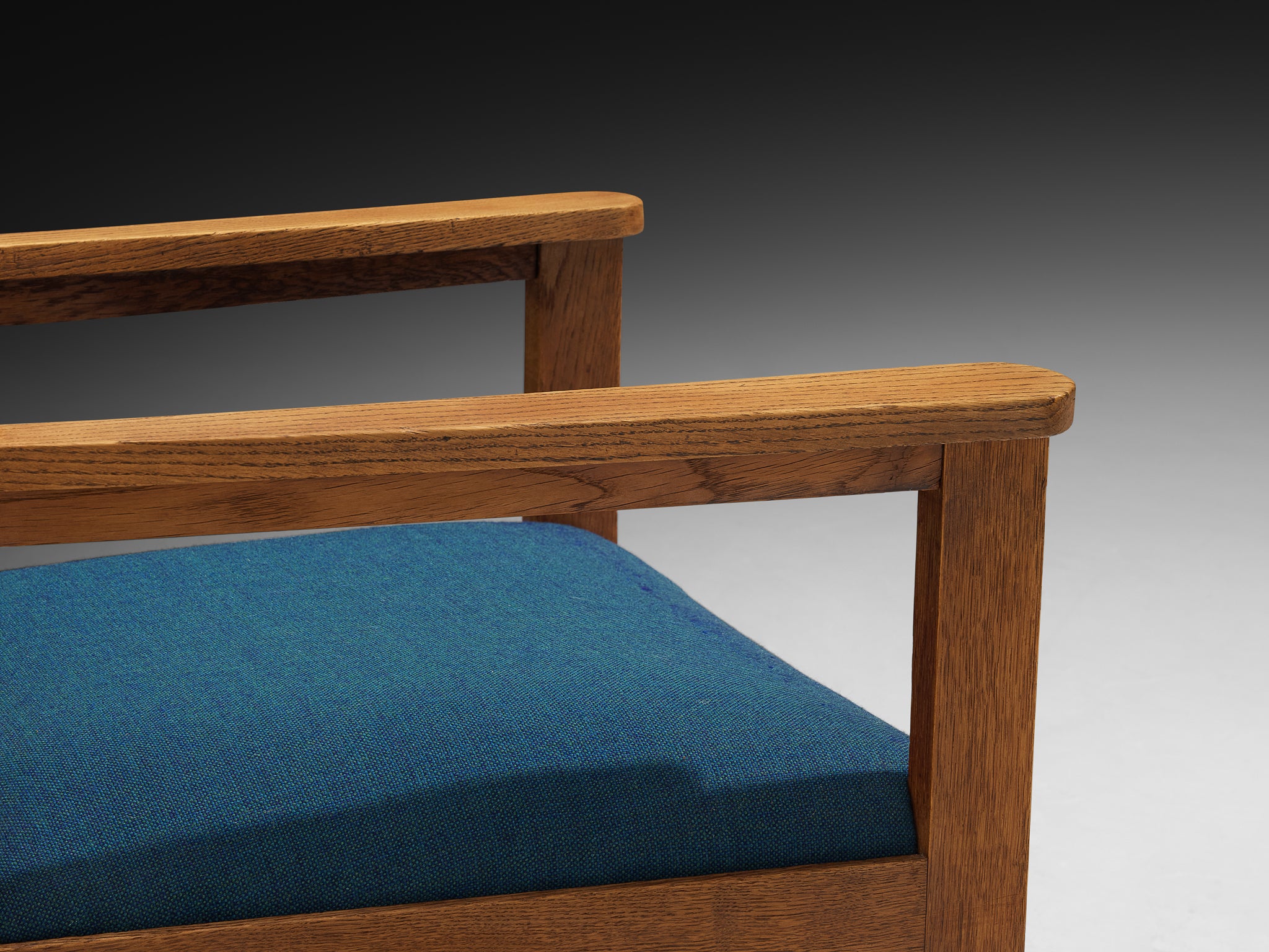 Hague School Art Deco Armchair in Solid Oak and Blue Upholstery Seating Morentz
