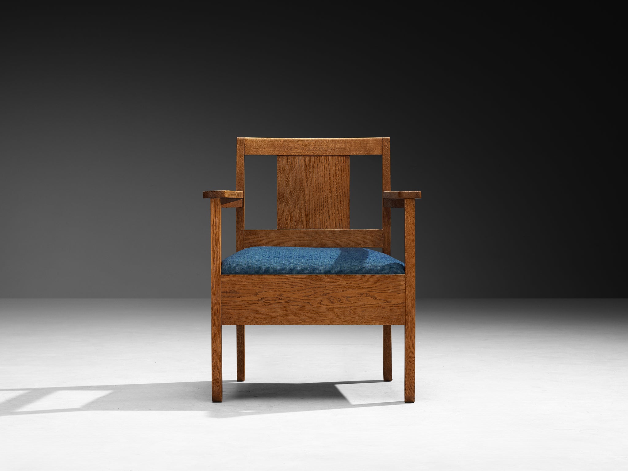 Hague School Art Deco Armchair in Solid Oak and Blue Upholstery Seating Morentz
