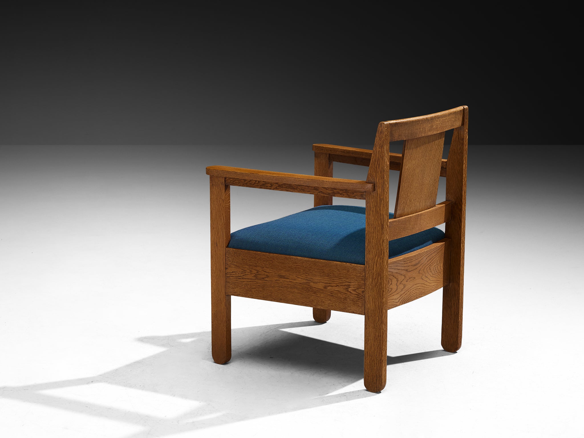 Hague School Art Deco Armchair in Solid Oak and Blue Upholstery Seating Morentz
