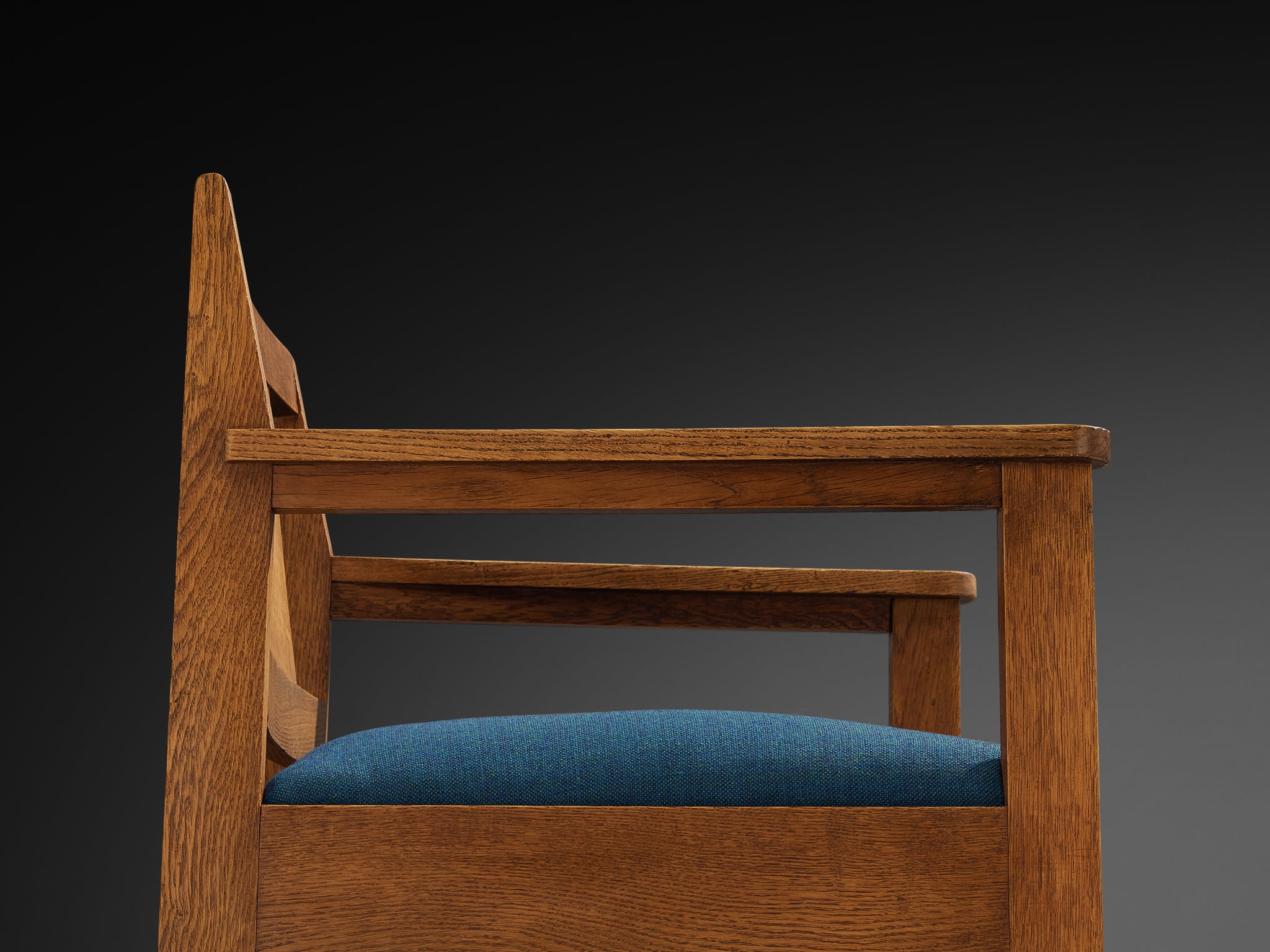 Hague School Art Deco Armchair in Solid Oak and Blue Upholstery Seating Morentz