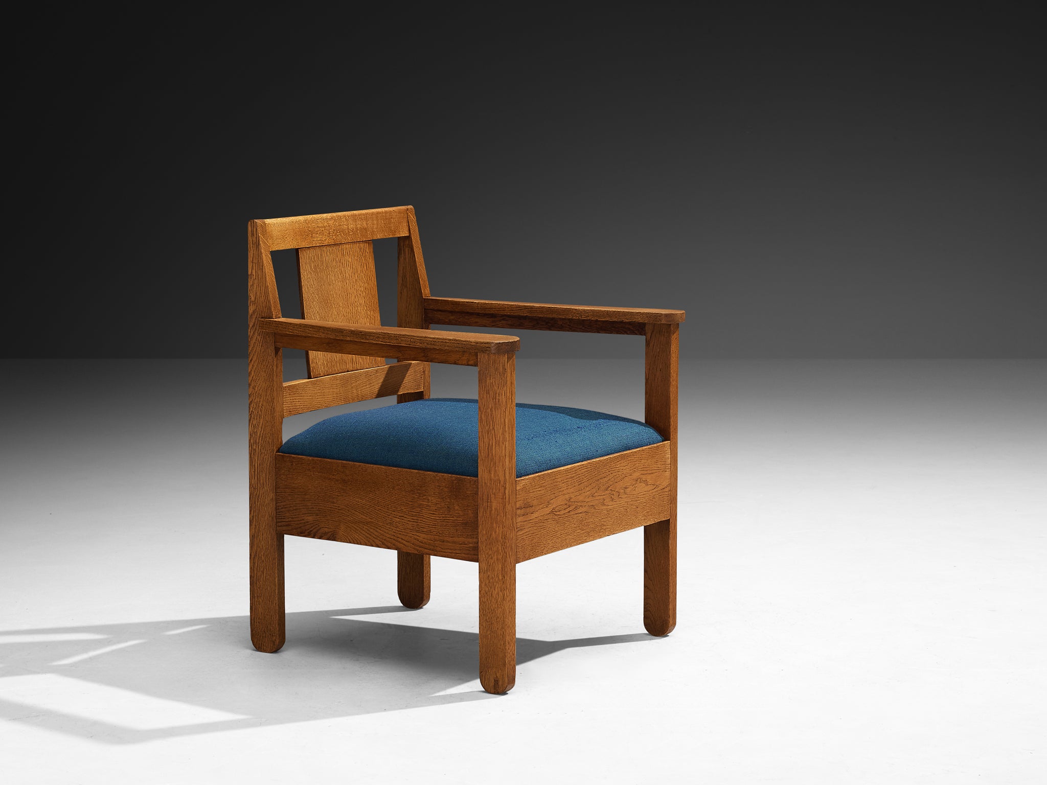 Hague School Art Deco Armchair in Solid Oak and Blue Upholstery Seating Morentz