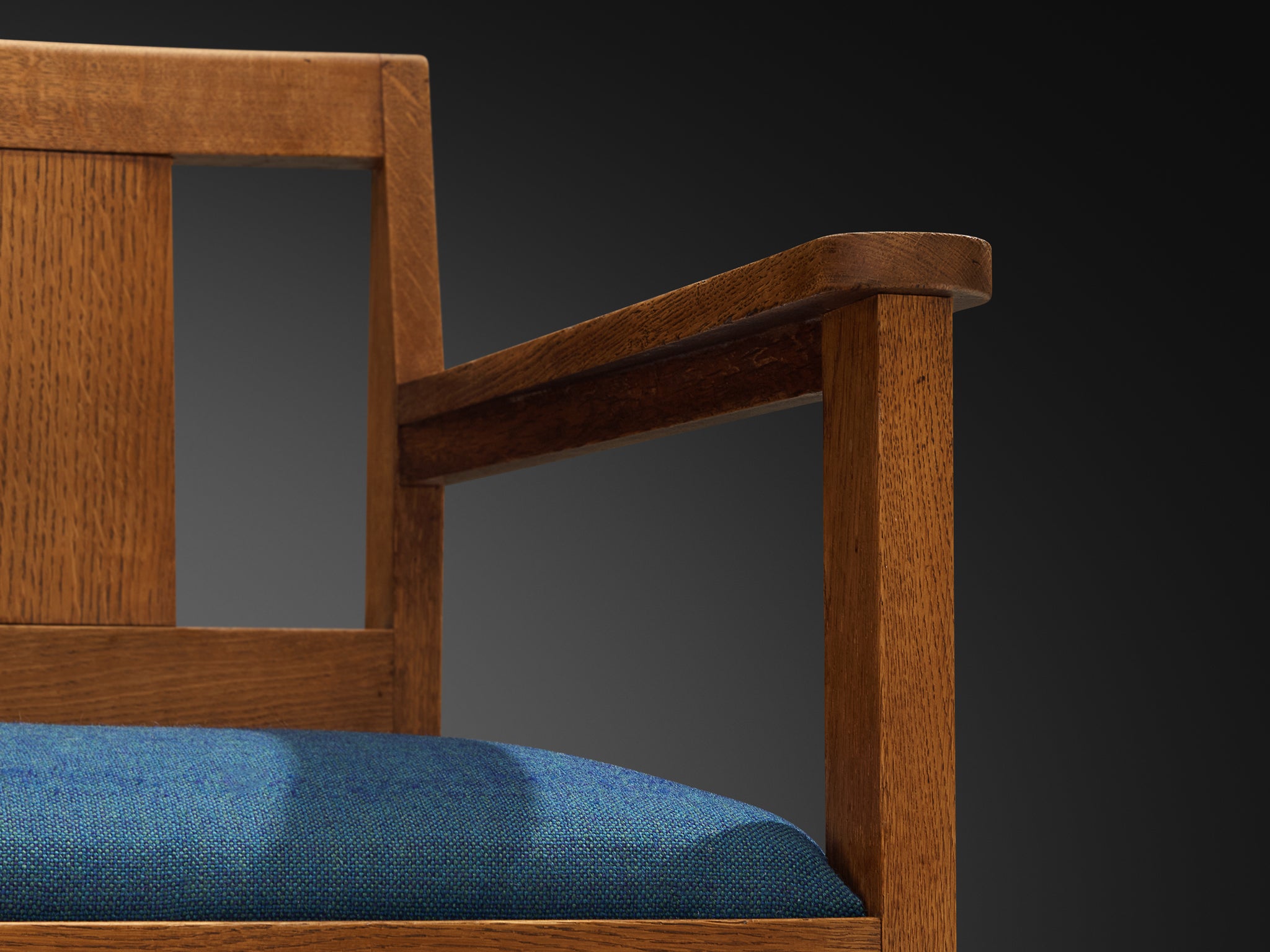 Hague School Art Deco Armchair in Solid Oak and Blue Upholstery Seating Morentz