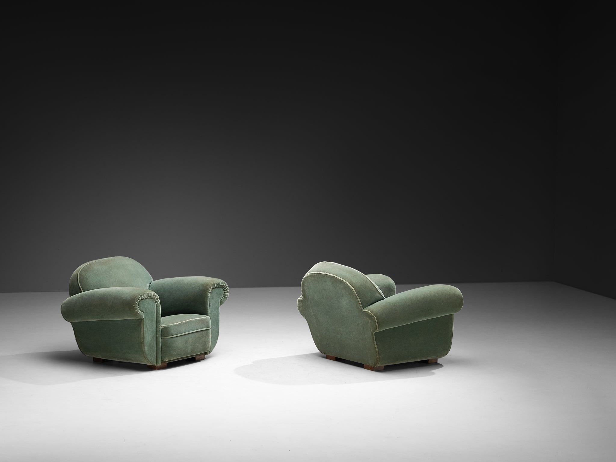 Pair of 1940s French Art Deco Lounge Chairs in Mint Green Velour Seating Morentz