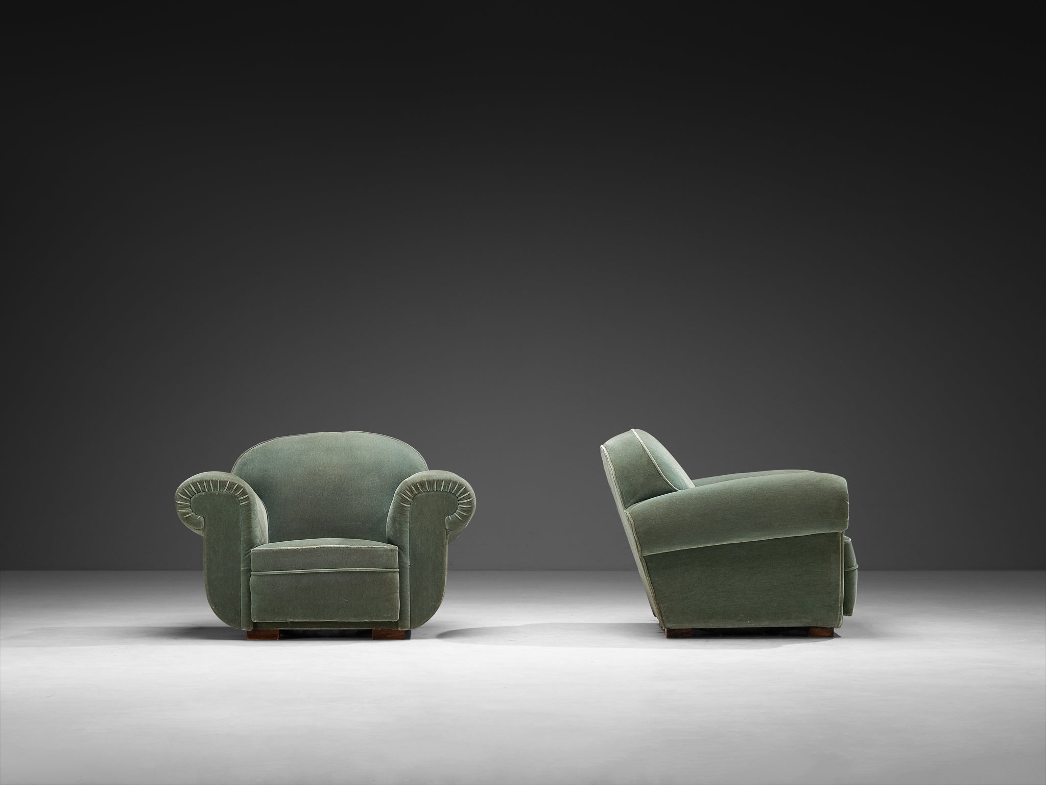 Pair of 1940s French Art Deco Lounge Chairs in Mint Green Velour Seating Morentz