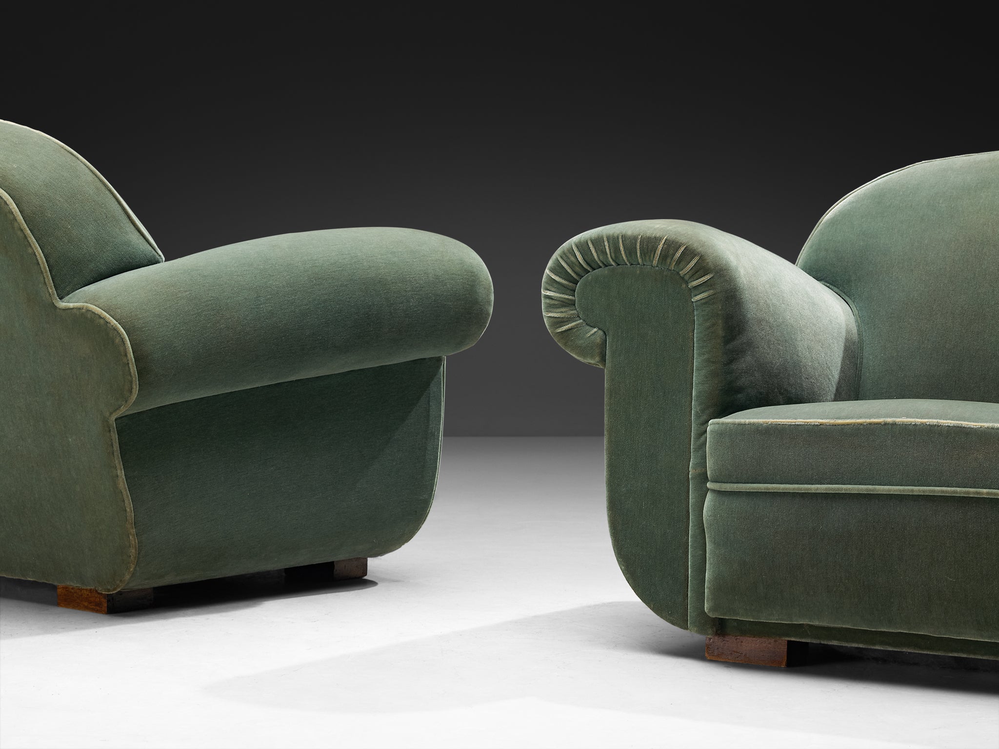 Pair of 1940s French Art Deco Lounge Chairs in Mint Green Velour Seating Morentz