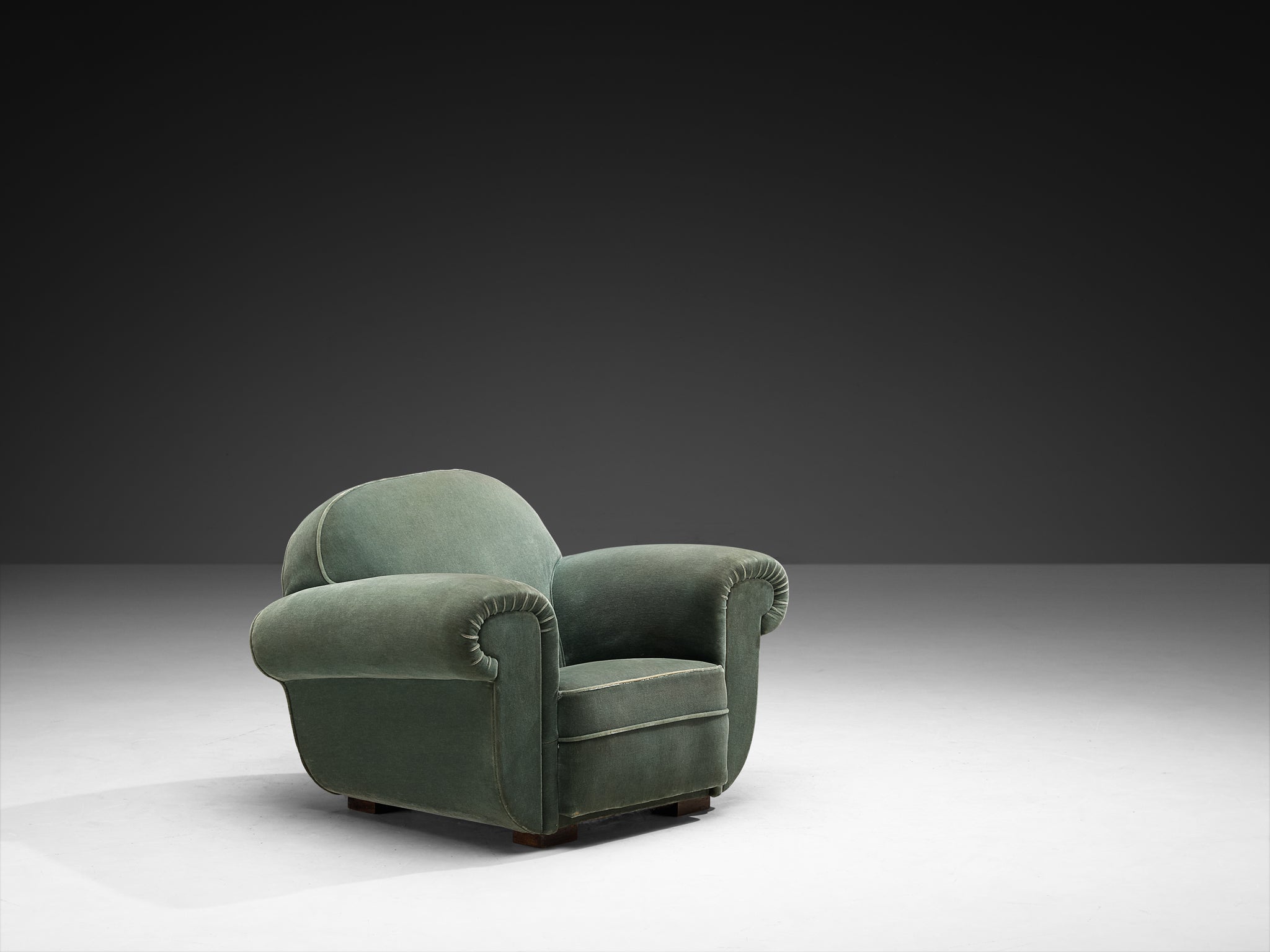 Pair of 1940s French Art Deco Lounge Chairs in Mint Green Velour Seating Morentz