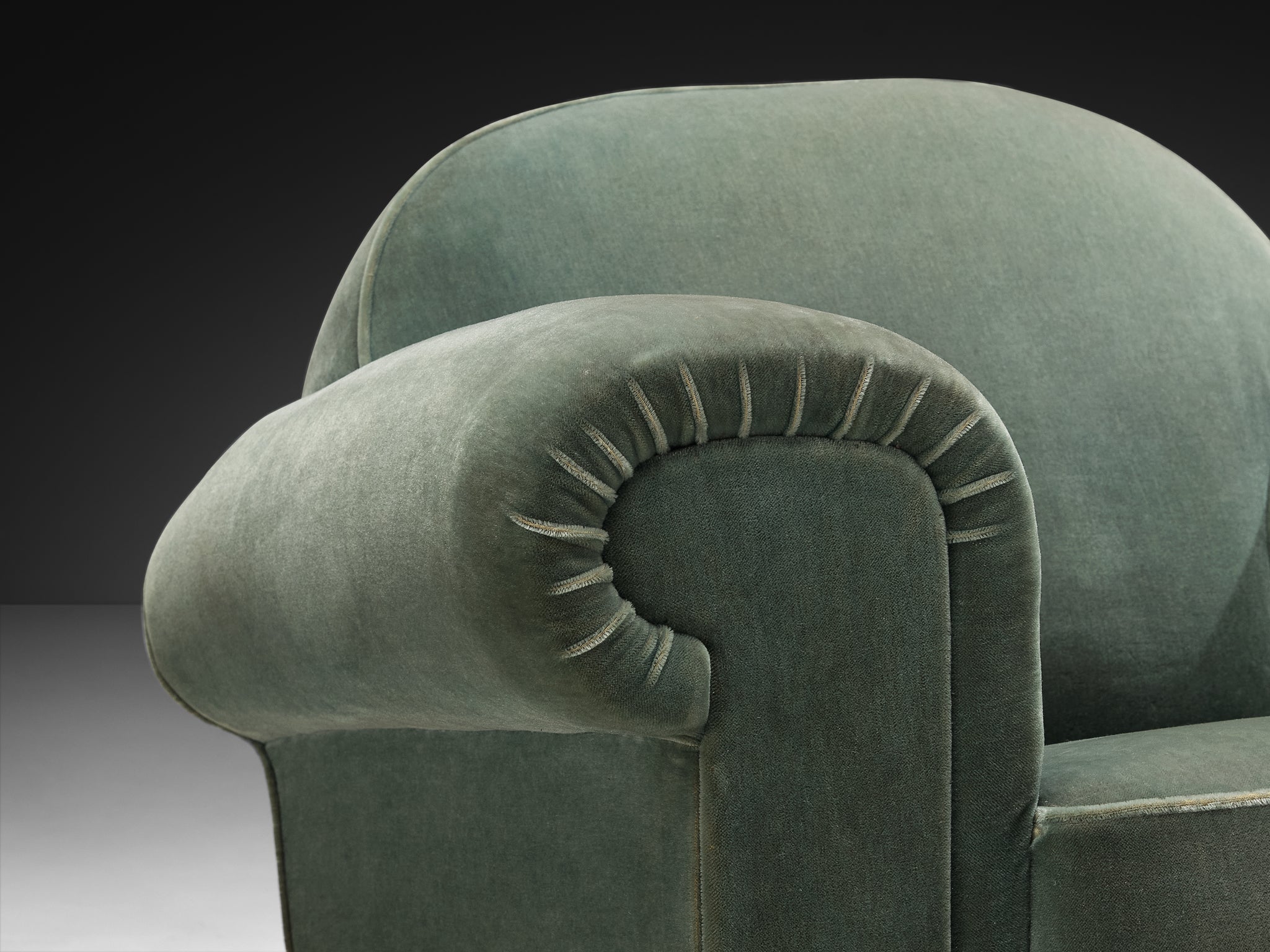 Pair of 1940s French Art Deco Lounge Chairs in Mint Green Velour Seating Morentz
