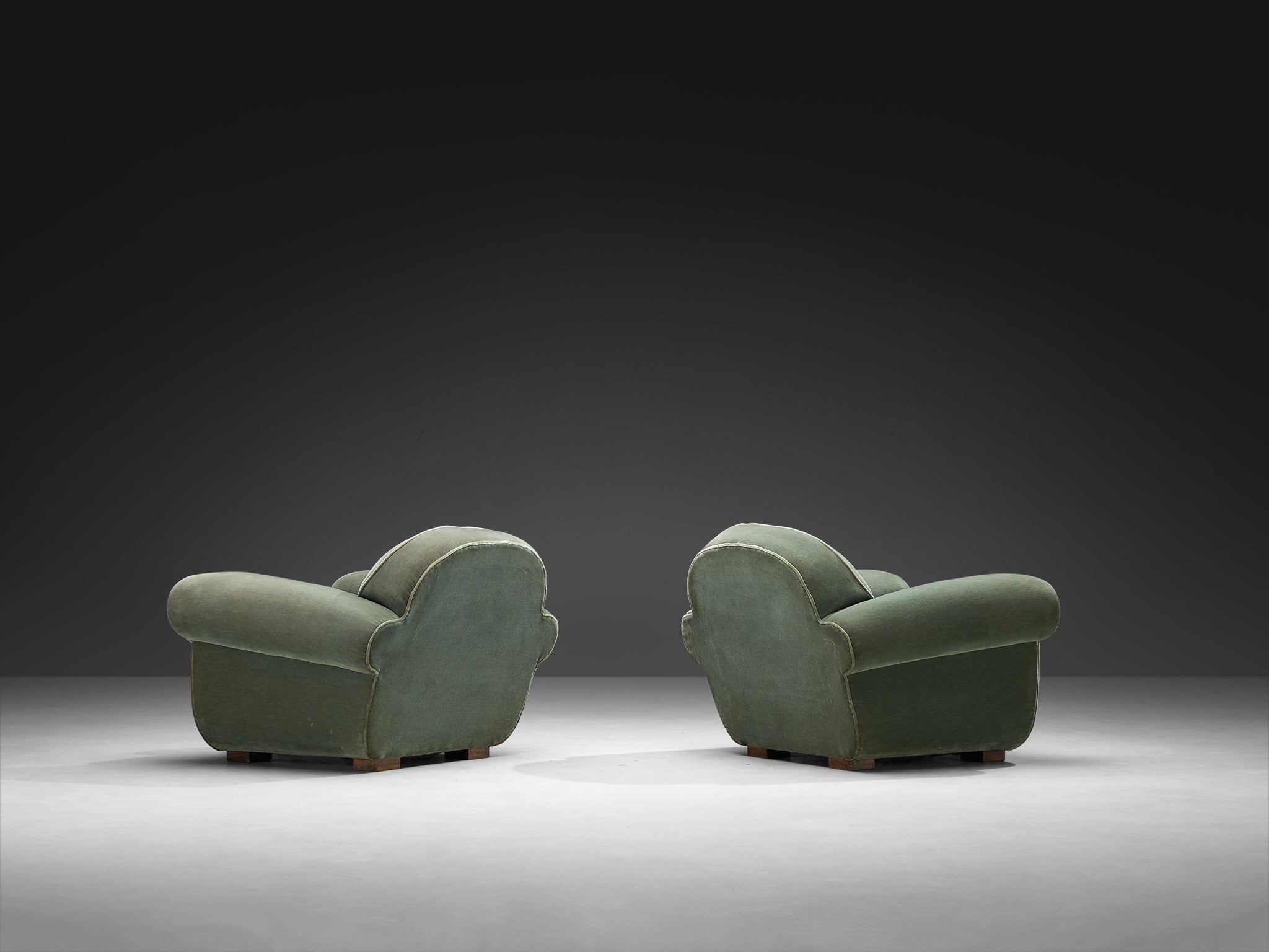 Pair of 1940s French Art Deco Lounge Chairs in Mint Green Velour Seating Morentz