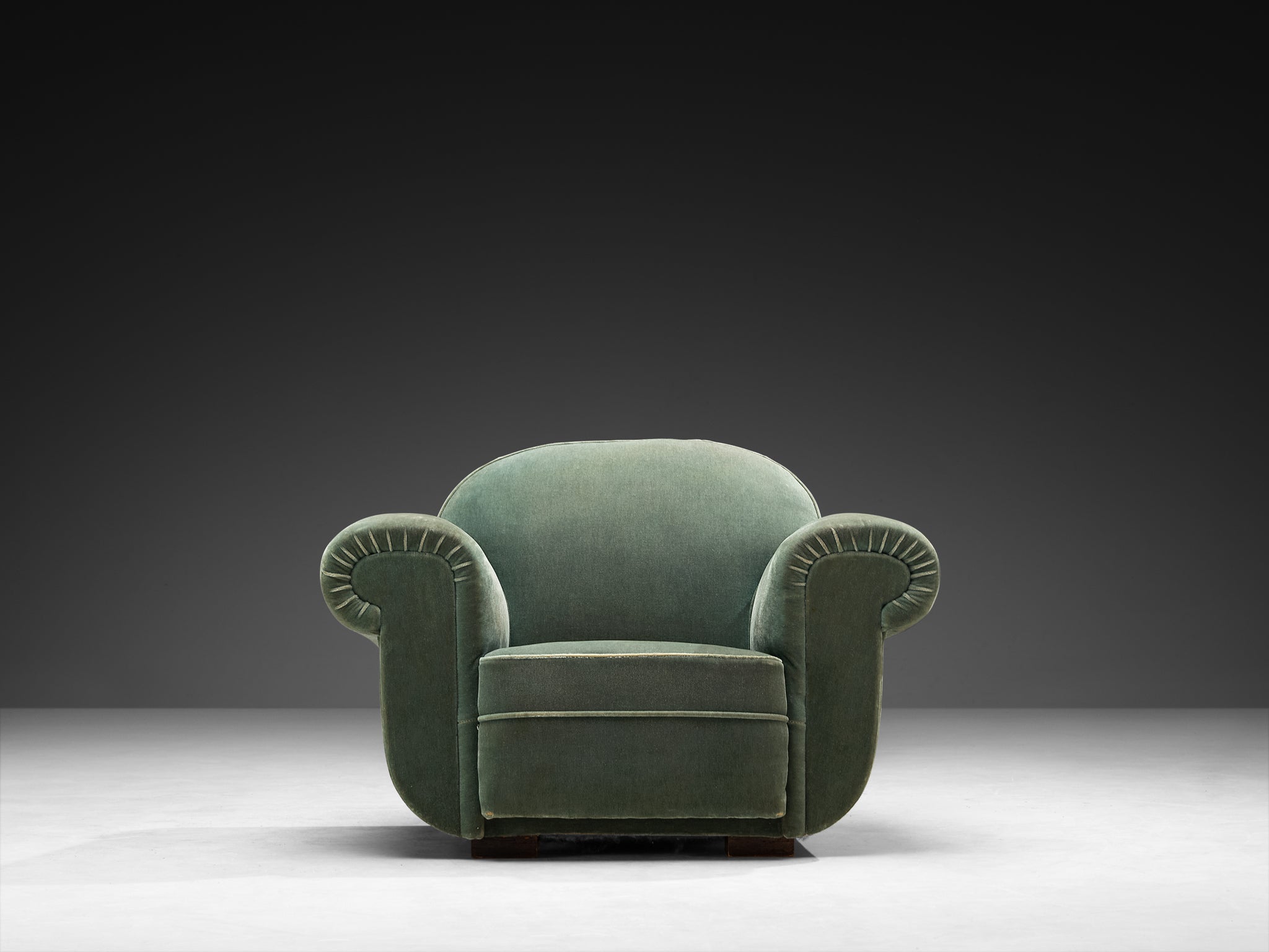 Pair of 1940s French Art Deco Lounge Chairs in Mint Green Velour Seating Morentz