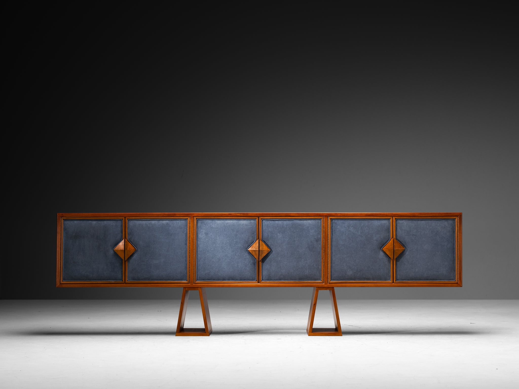 Luxurious Mid-Century Italian Walnut Sideboard with Blue Fabric Doors Case pieces and storage cabinets Morentz