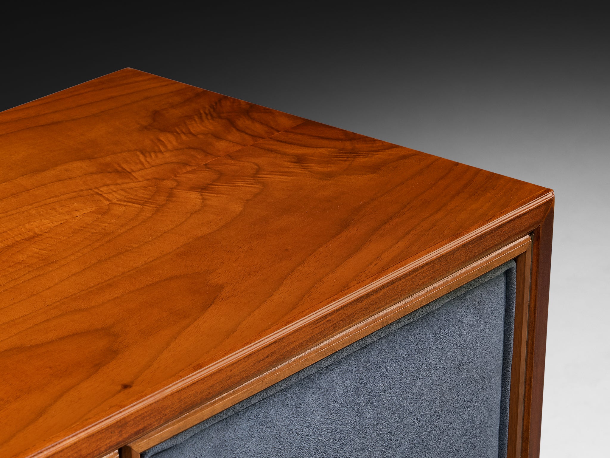 Luxurious Mid-Century Italian Walnut Sideboard with Blue Fabric Doors Case pieces and storage cabinets Morentz