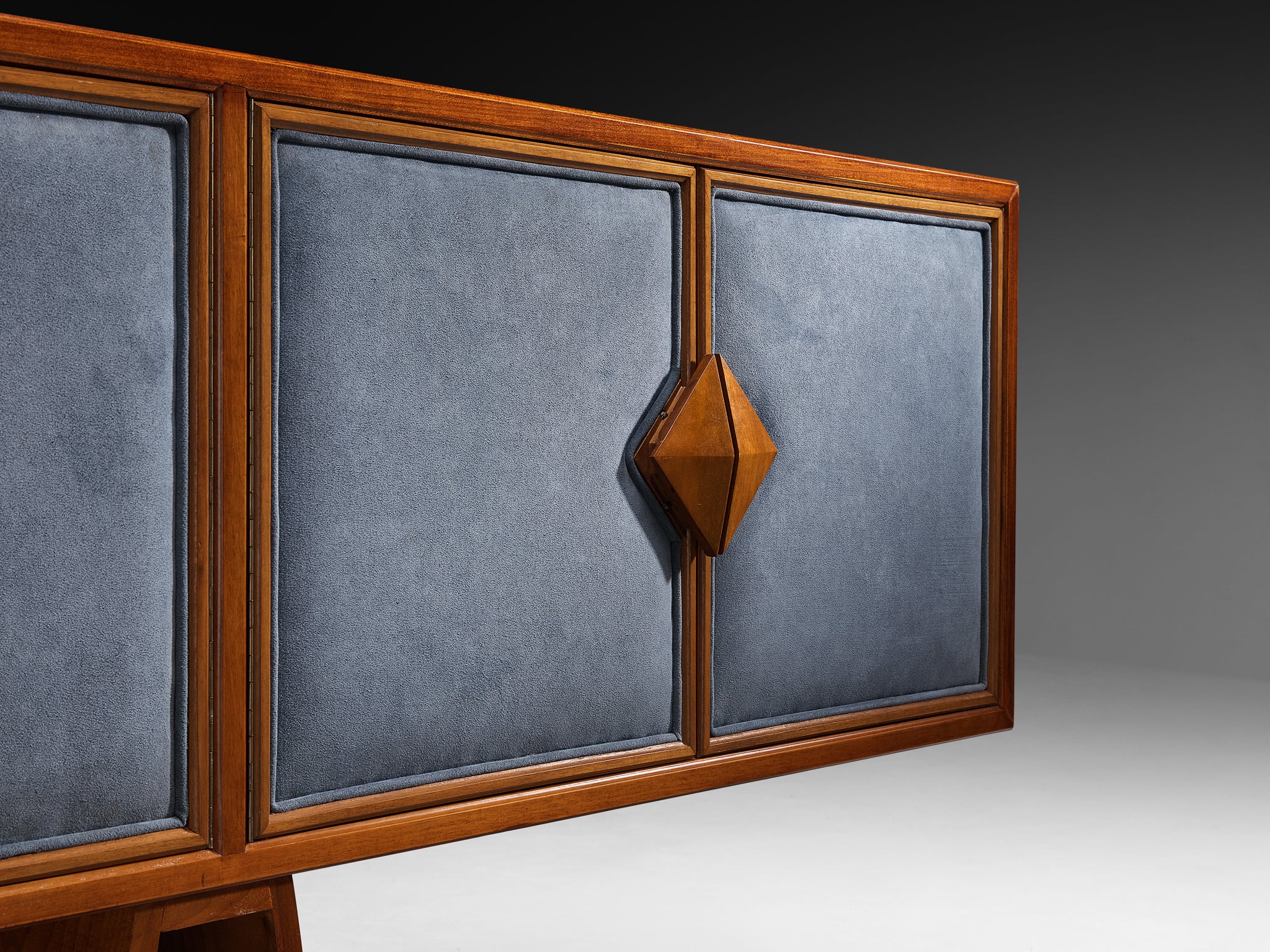 Luxurious Mid-Century Italian Walnut Sideboard with Blue Fabric Doors Case pieces and storage cabinets Morentz