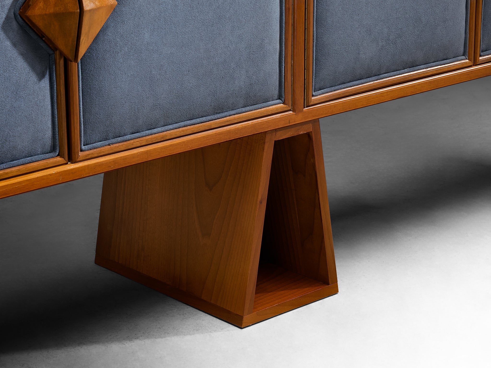 Luxurious Mid-Century Italian Walnut Sideboard with Blue Fabric Doors Case pieces and storage cabinets Morentz
