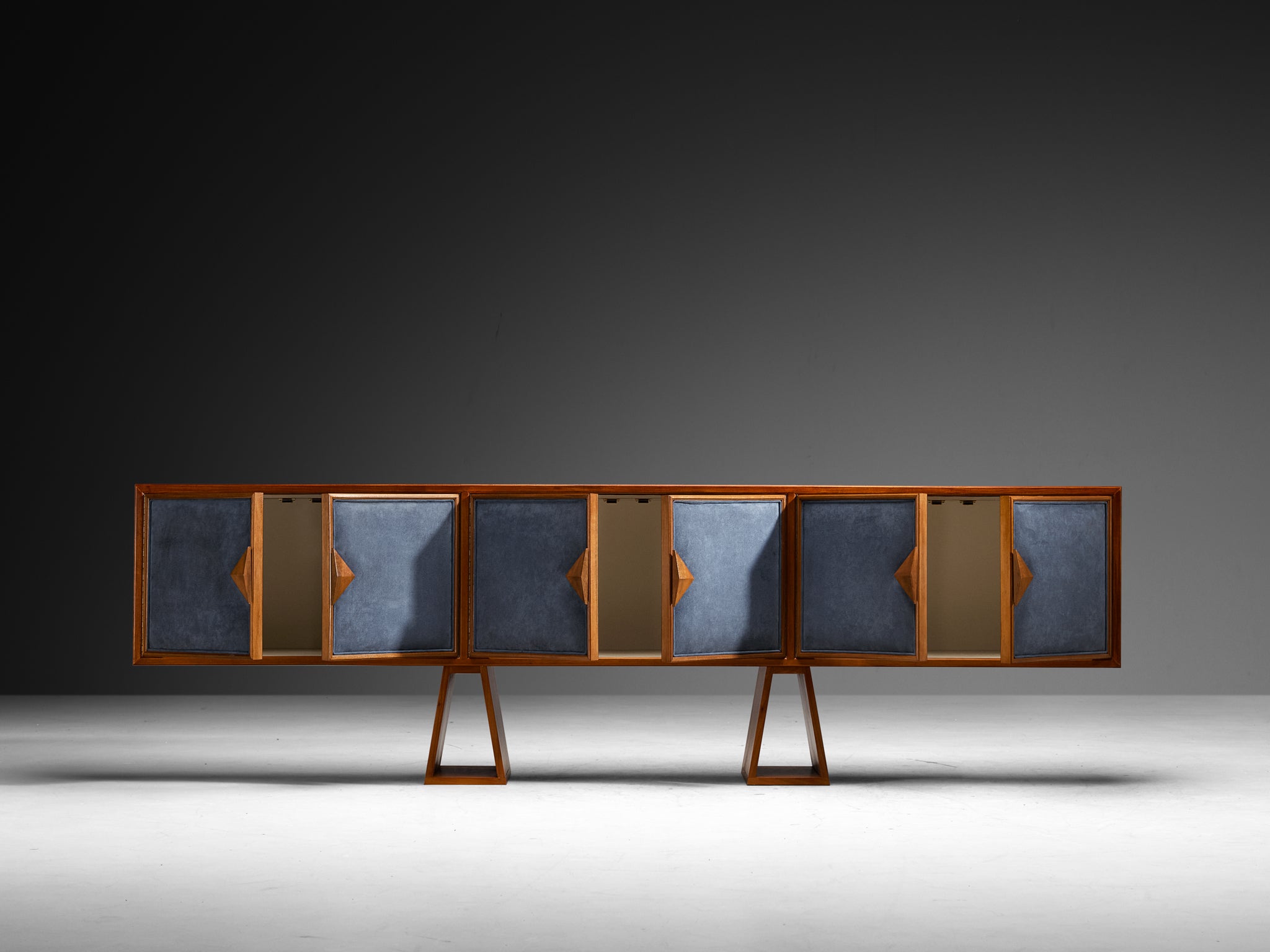 Luxurious Mid-Century Italian Walnut Sideboard with Blue Fabric Doors Case pieces and storage cabinets Morentz